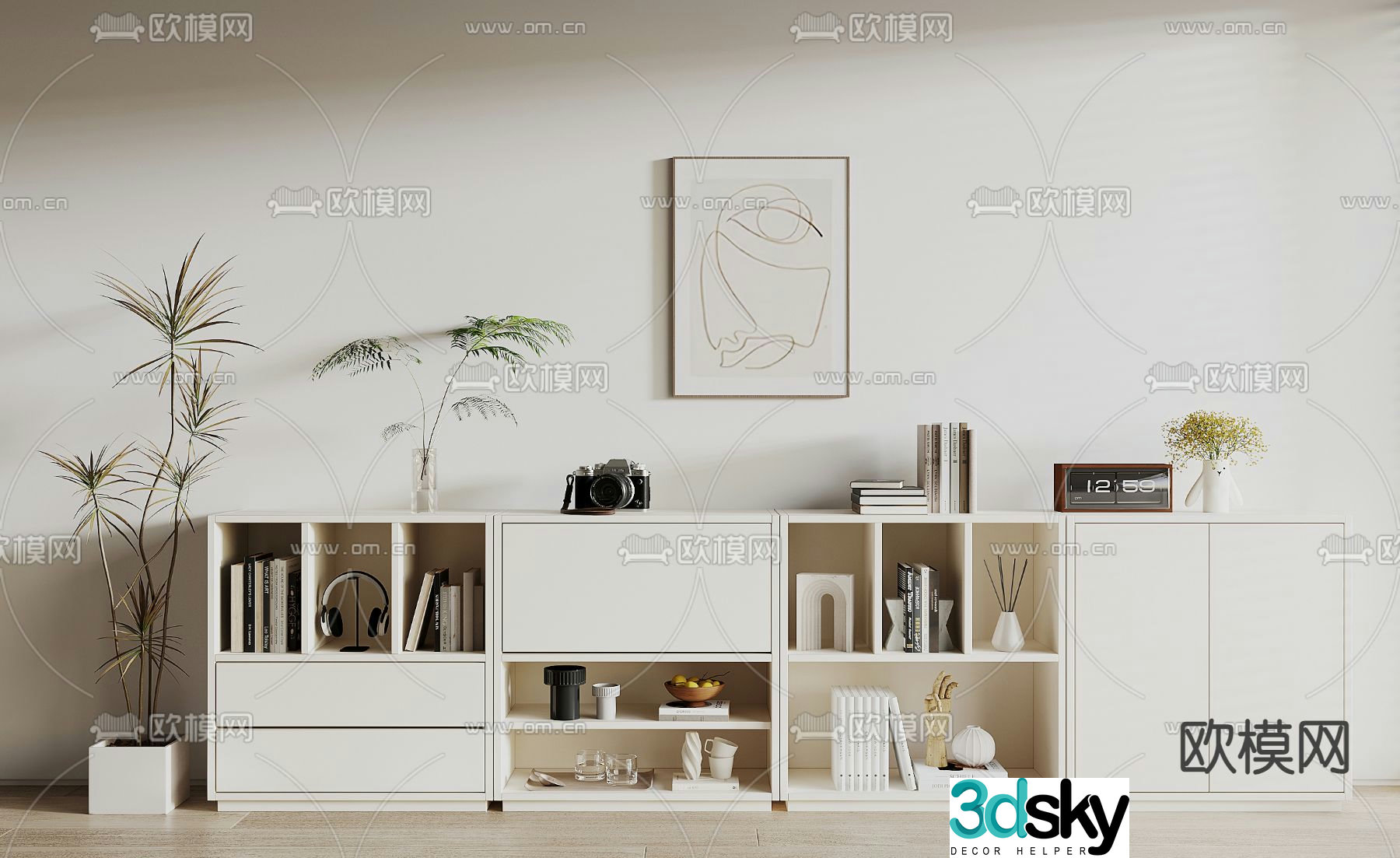 Creamy style bookcase low cabinet floor cabinet 3d model