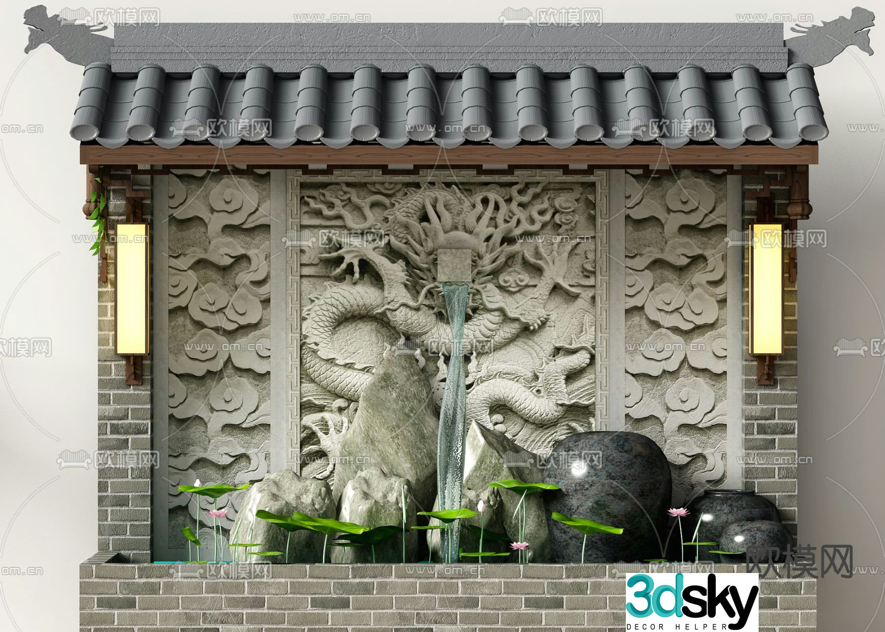 Chinese rockery waterscape fountain pool 3D model