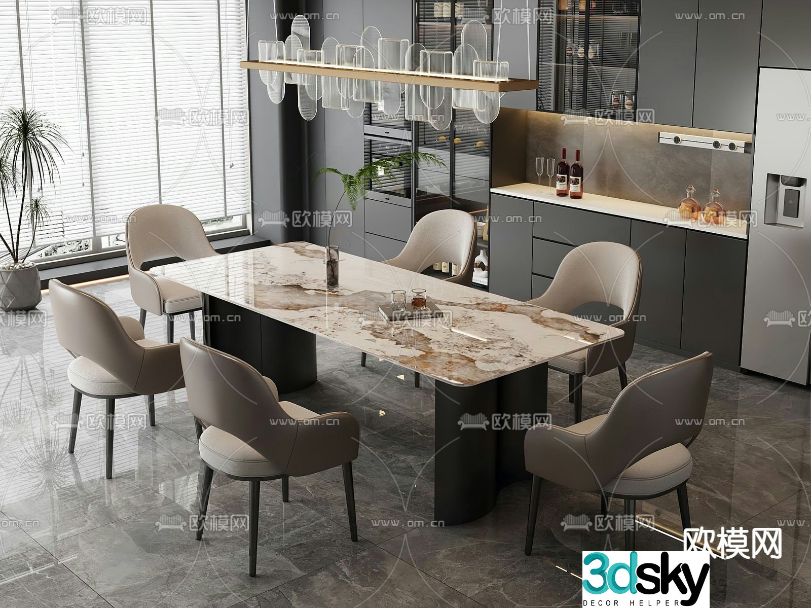 Modern marble dining table and chairs 3d model