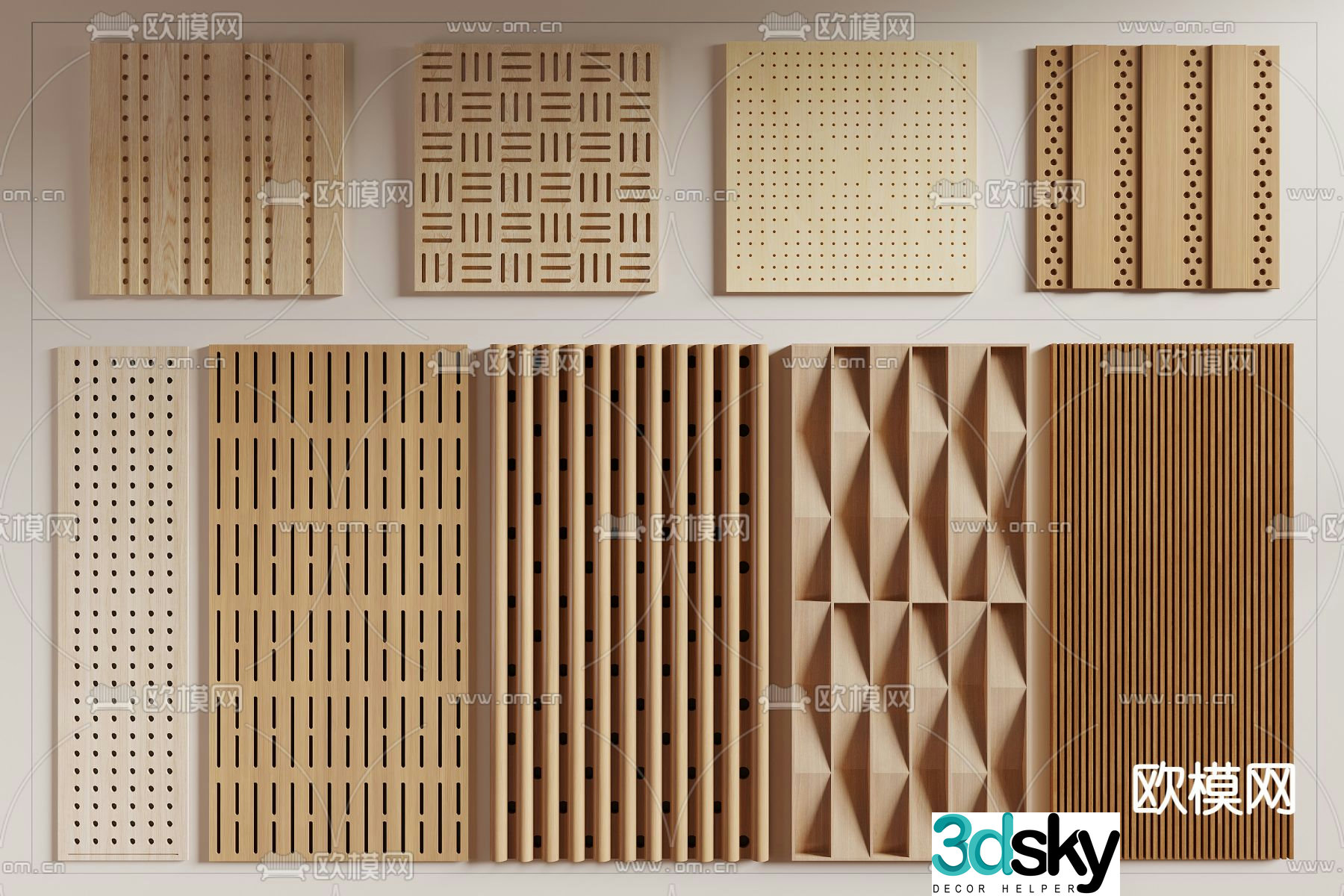 Wood veneer sound absorbing board diffusion board wall panel 3d model