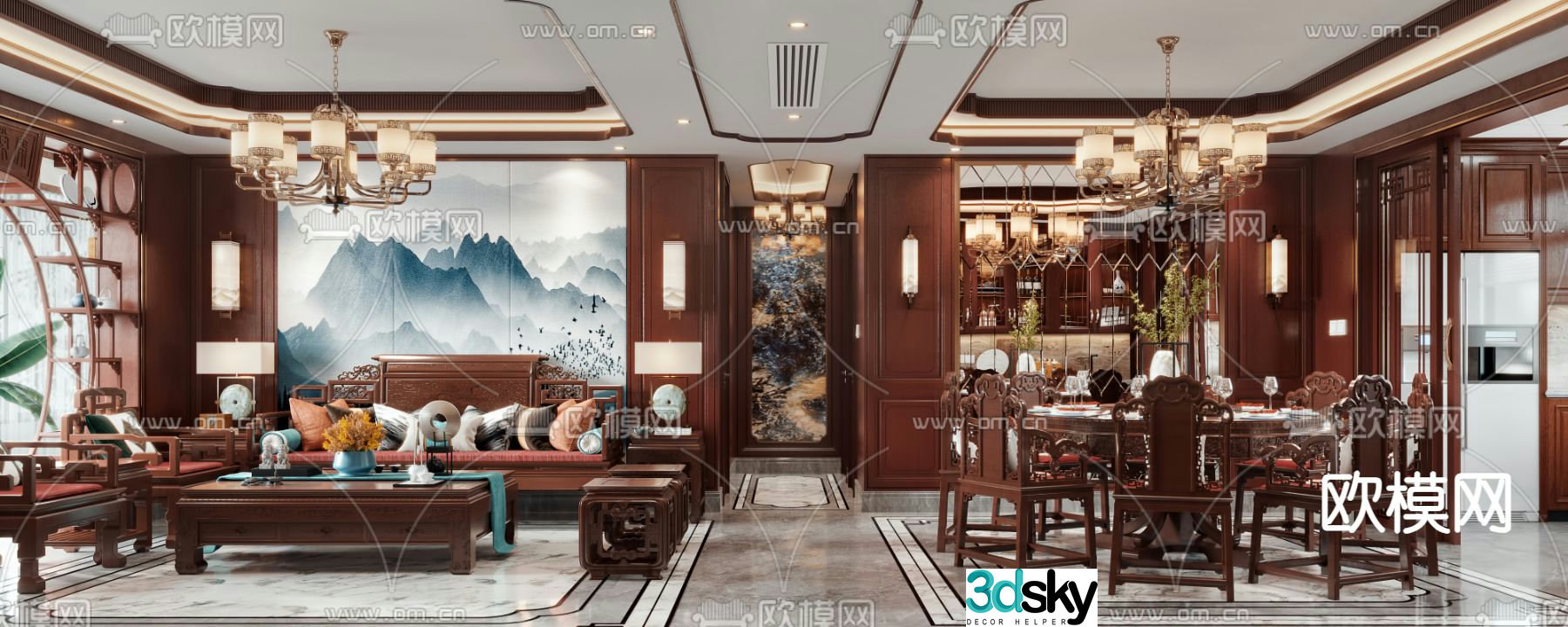 Chinese living and dining room 3D model
