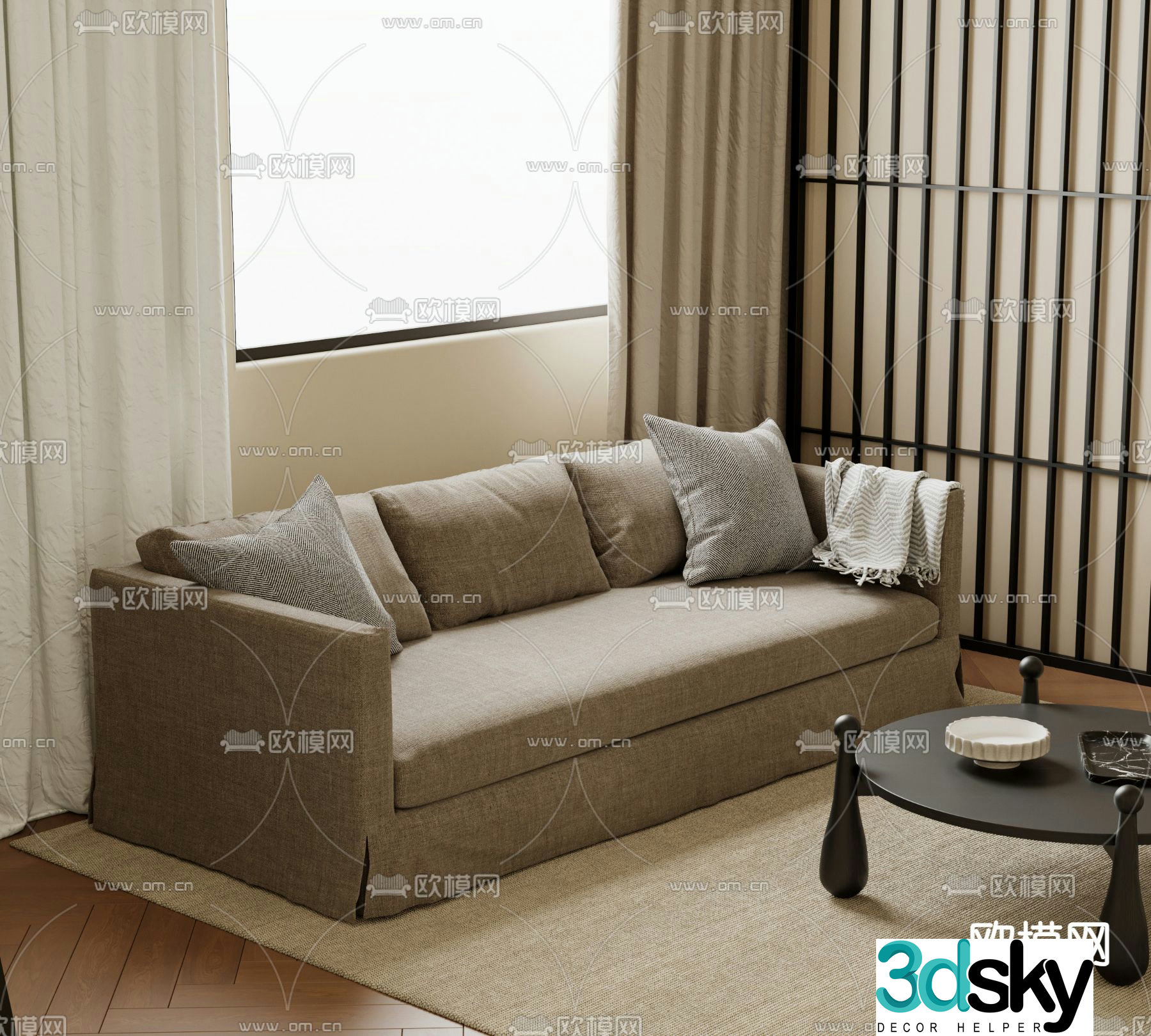 Wabi-sabi style three-seat sofa 3D model