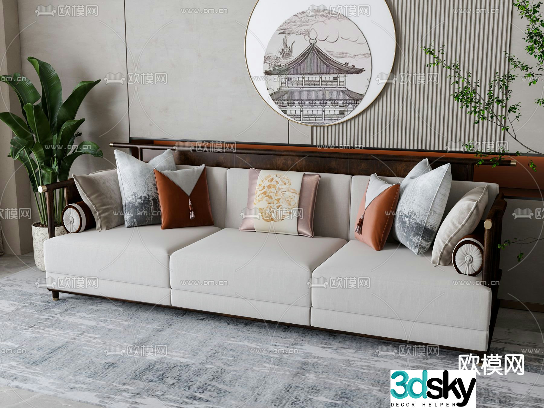 New Chinese style sofa three person sofa 3d model