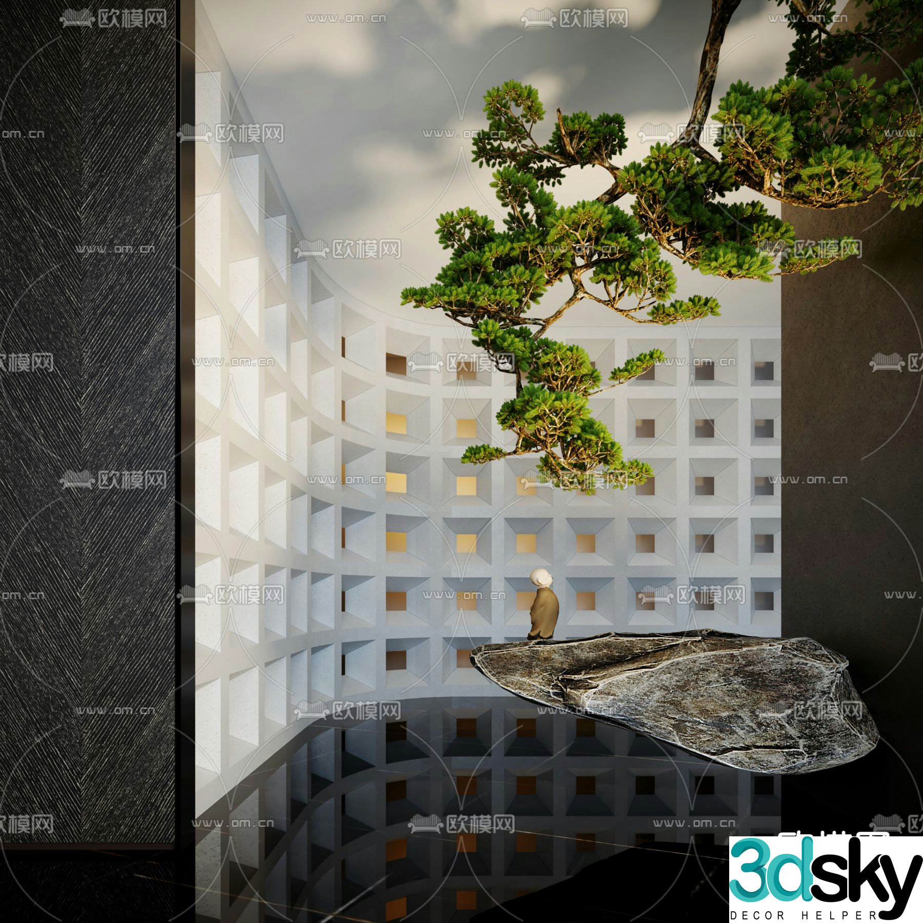 New Chinese style indoor landscape pine tree landscaping 3d model