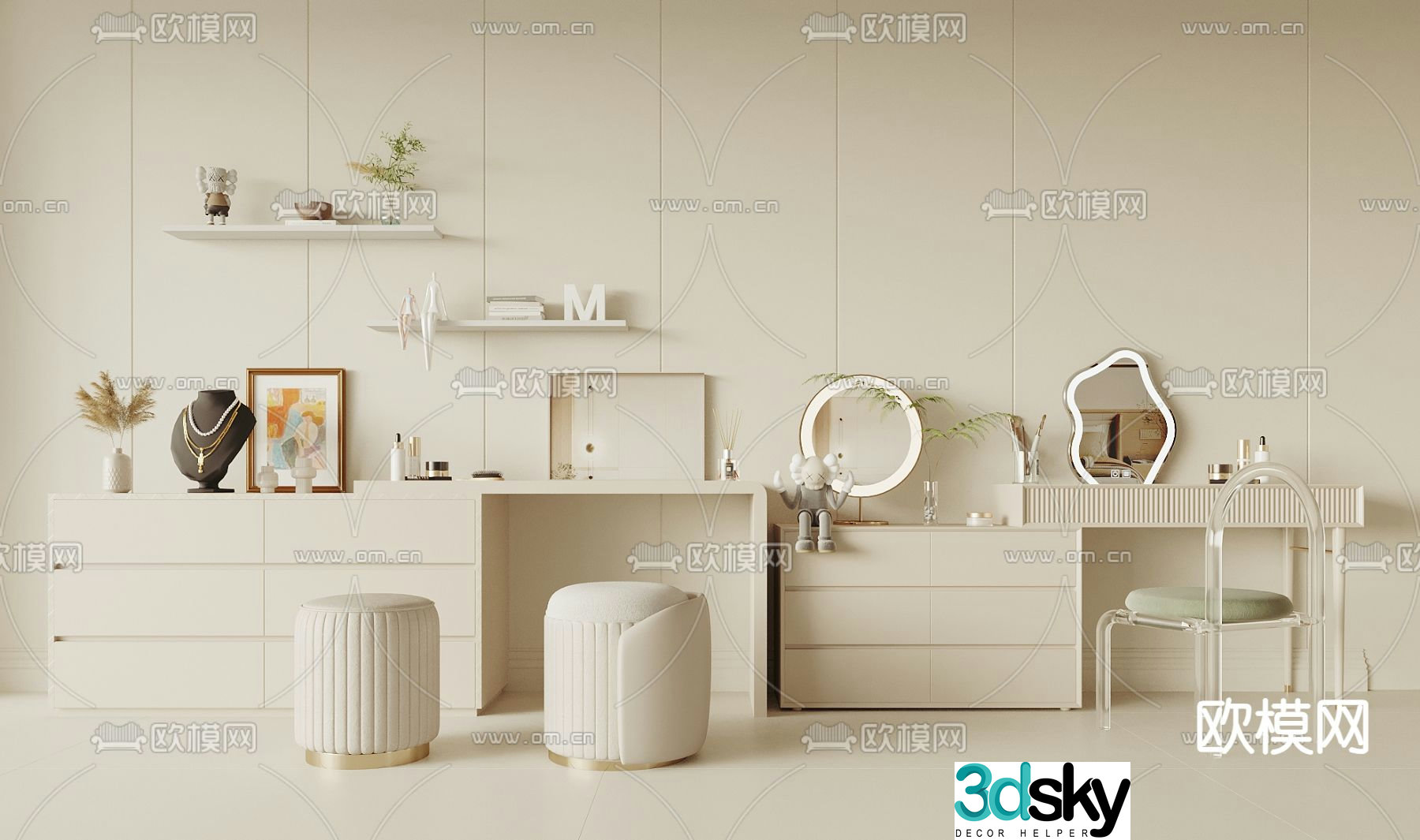 Cream style dressing table makeup table 3d model