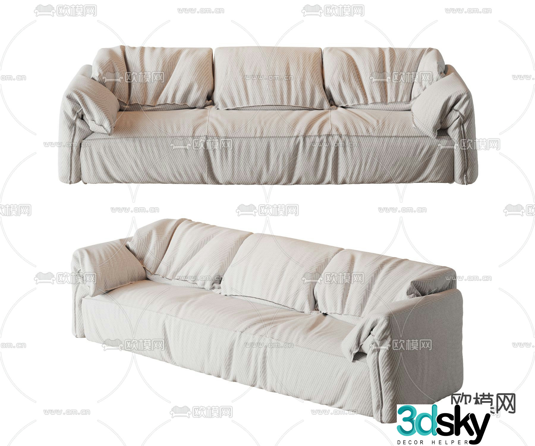 Cream style three-seat sofa 3D model