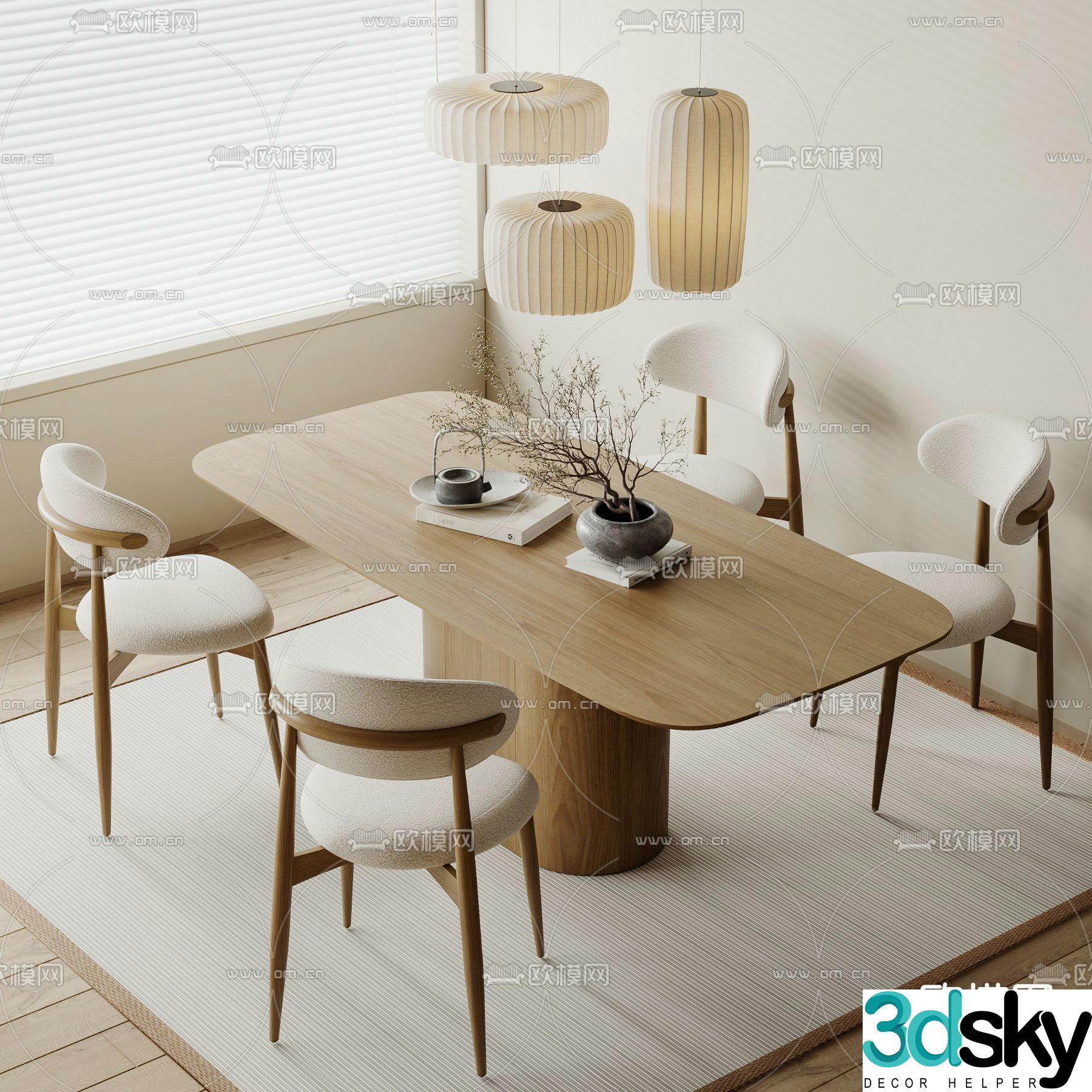 Wabi-sabi dining table and chairs strip dining table 3d model