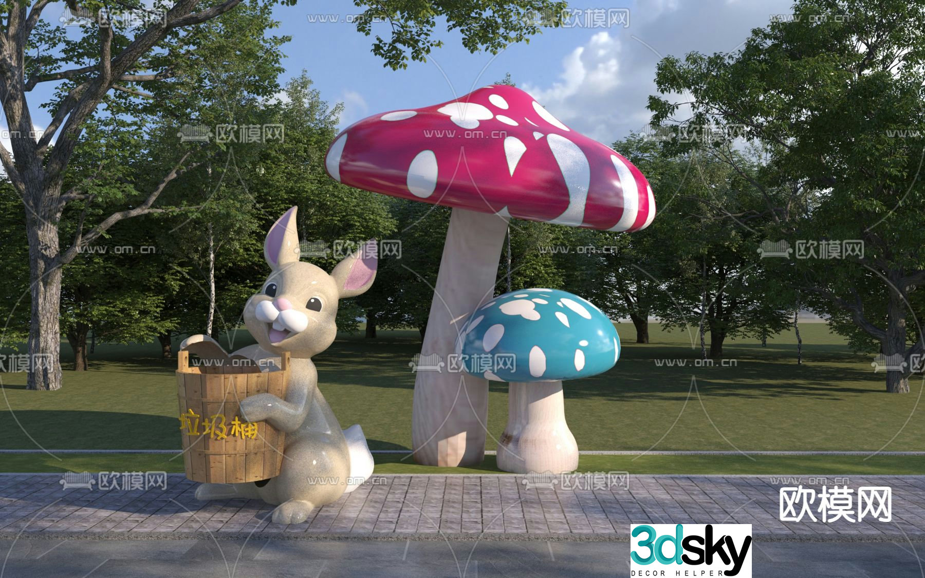Rabbit sculpture cartoon trash can 3d model