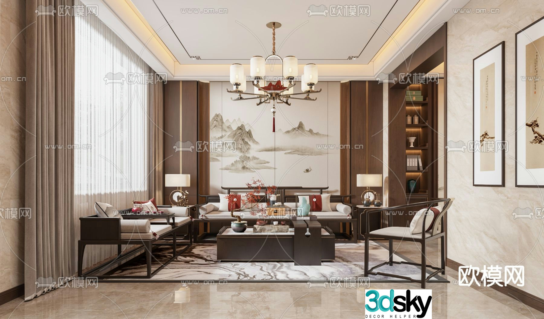 New Chinese style living and dining room 3D model