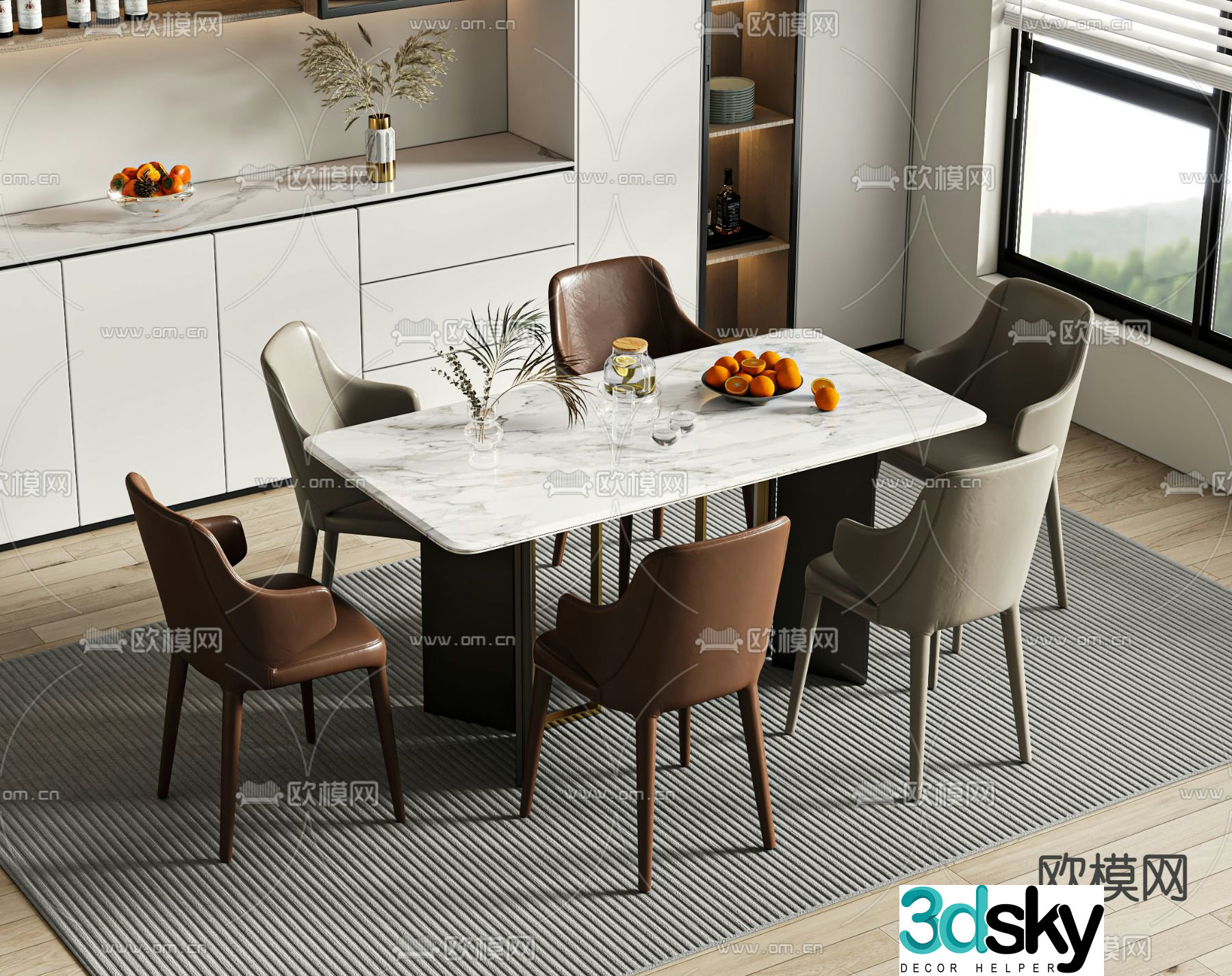 Long dining table and chairs 3d model