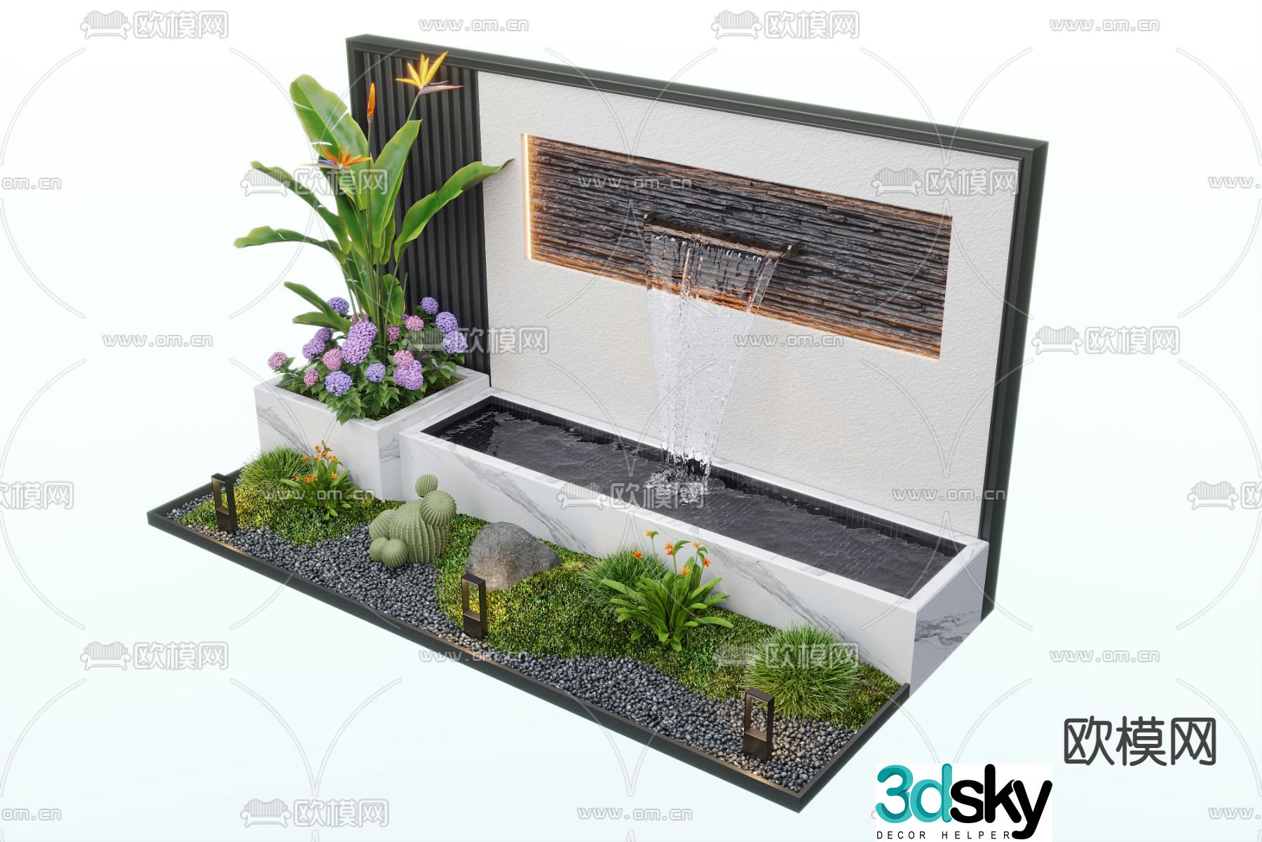 Modern water feature wall fountain pool sketch 3d model