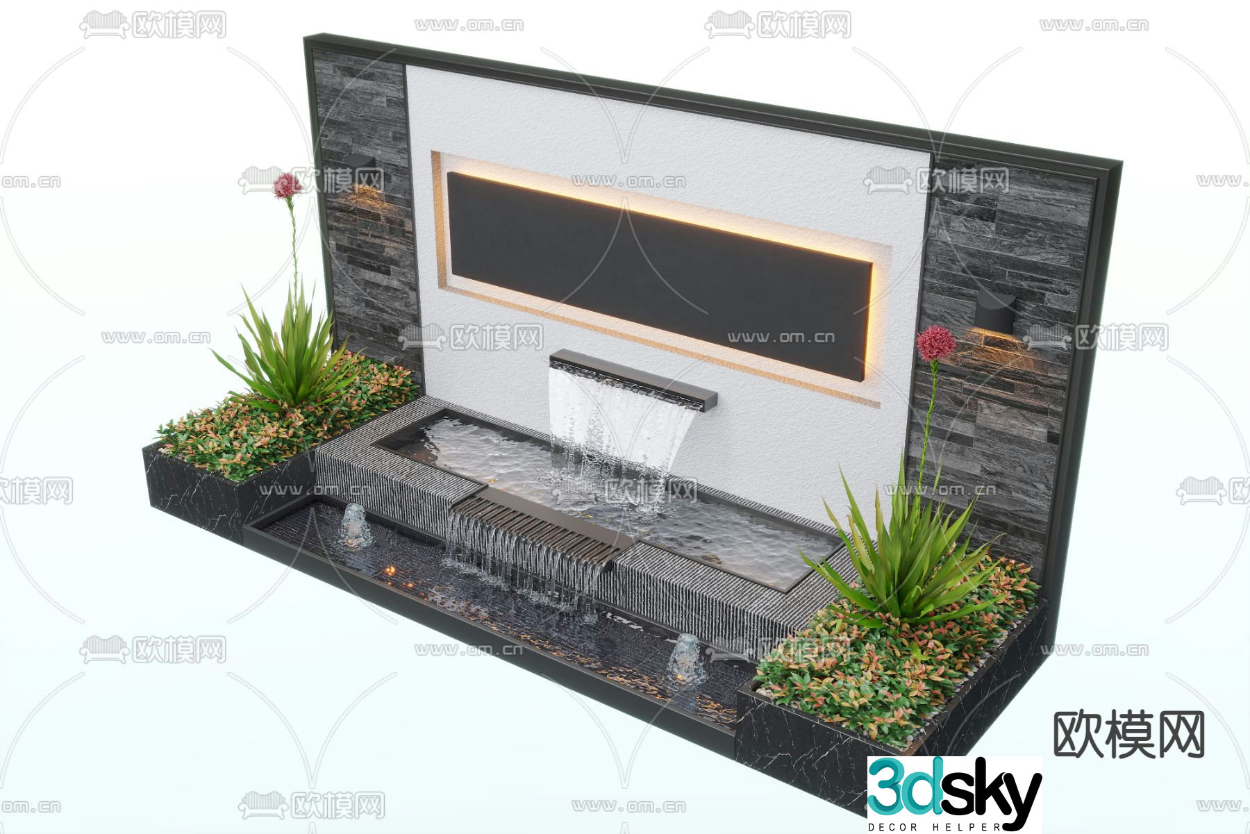 Modern water feature wall fountain pool sketch 3d model