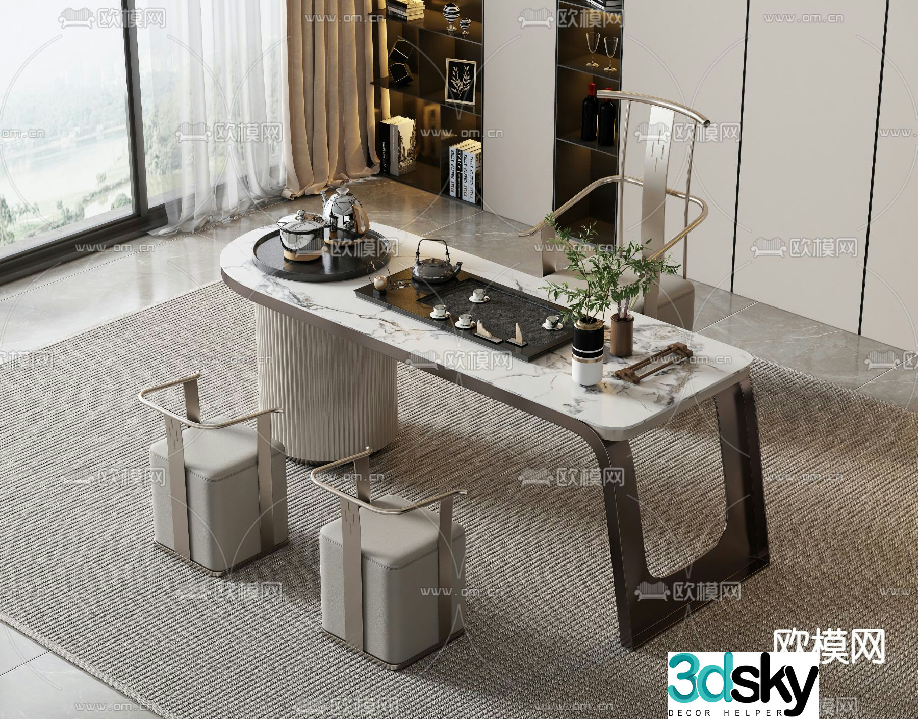 Modern marble tea table and chairs 3d model