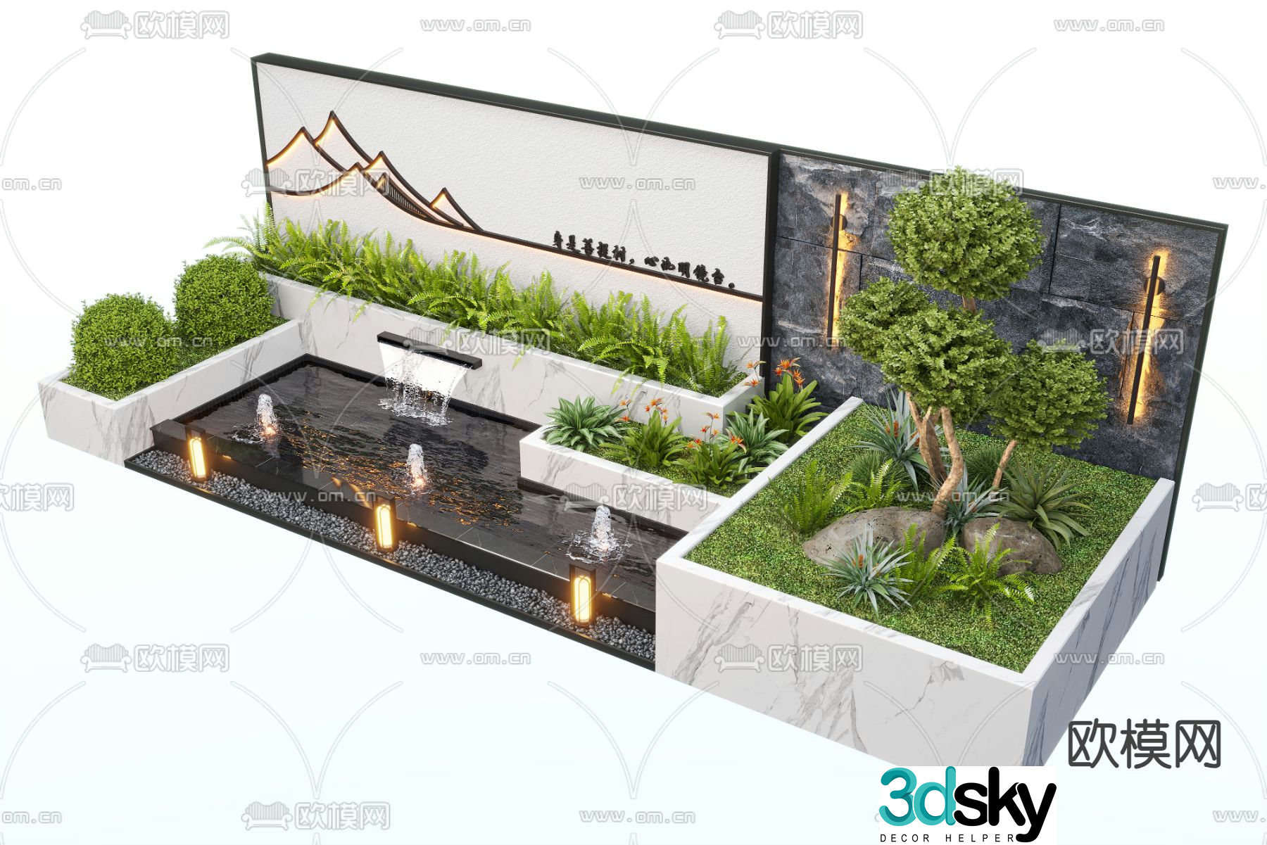 New Chinese style water feature wall fountain pool sketch 3D model