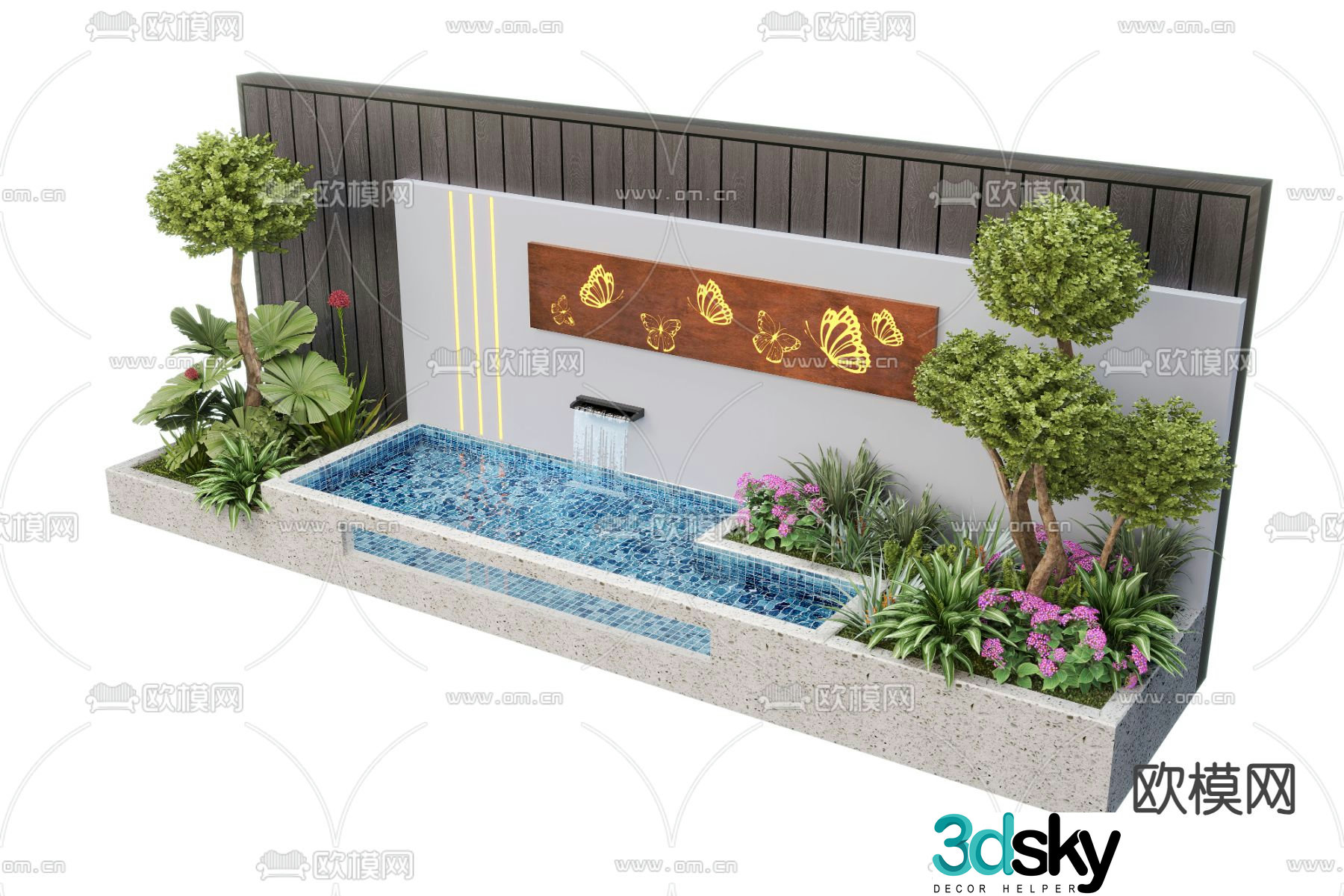 Modern water feature wall fountain pool sketch 3d model