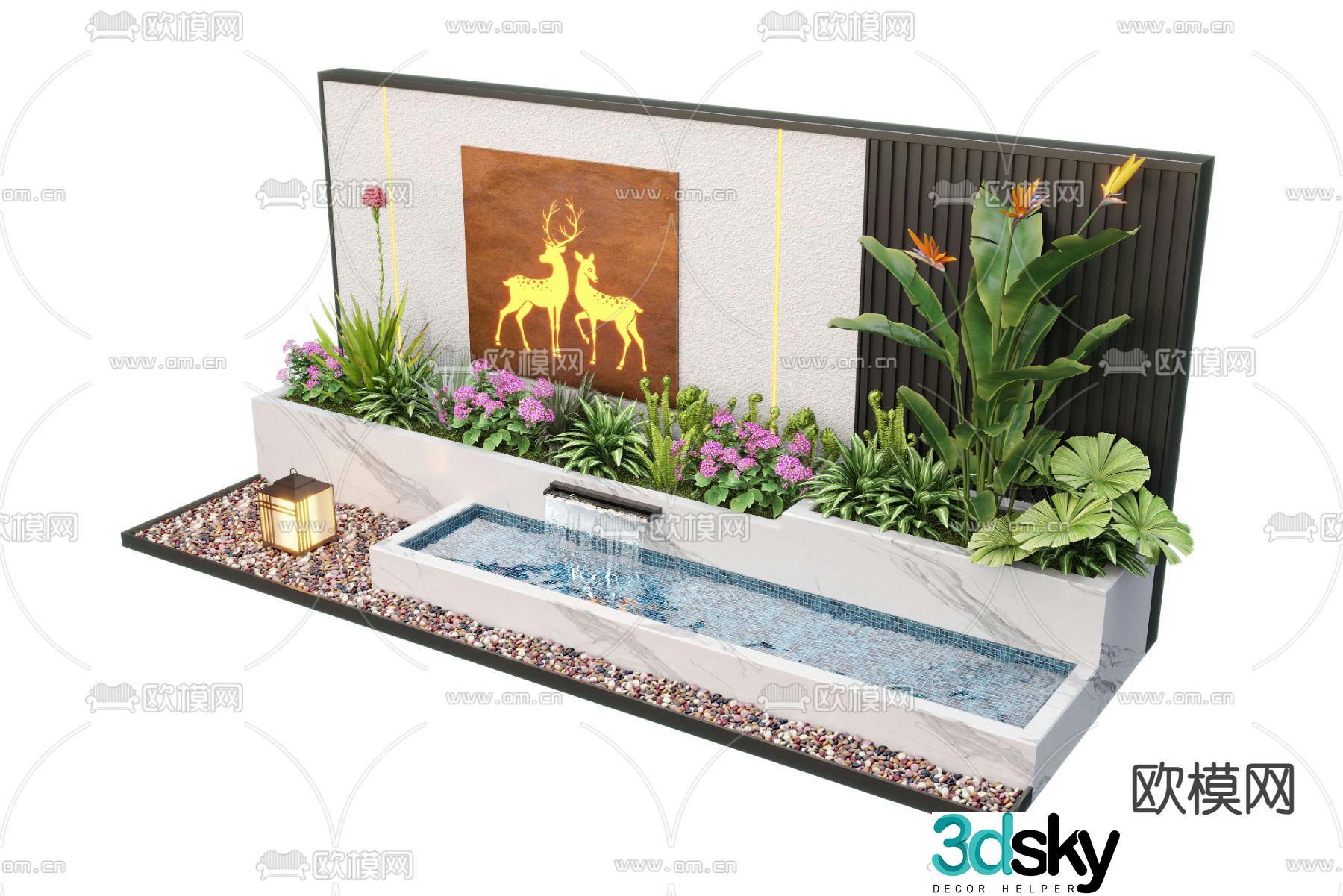 Modern water feature wall fountain pool sketch 3d model