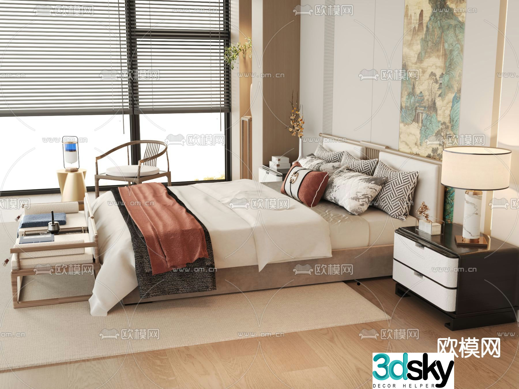 New Chinese style double bed 3d model