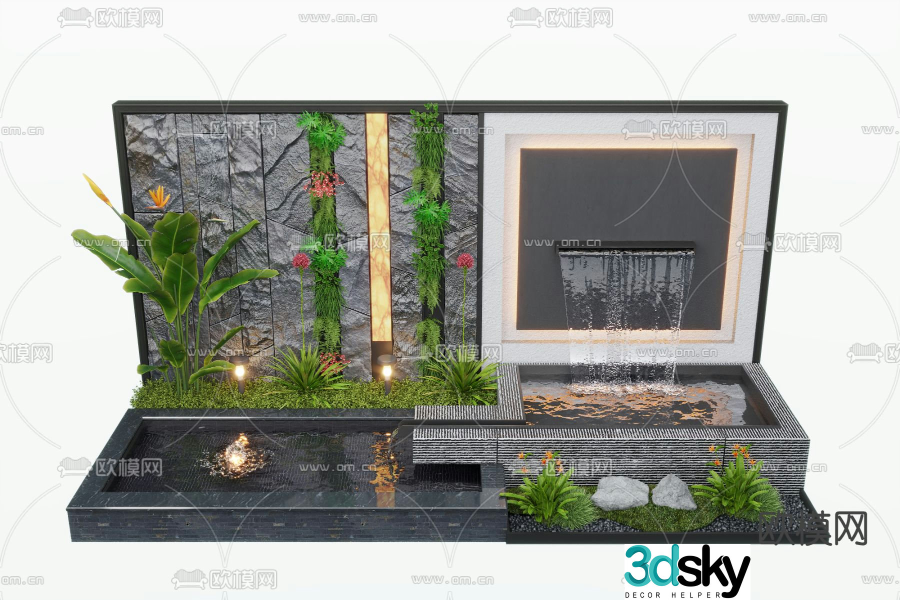 Modern water feature wall fountain pool sketch 3d model
