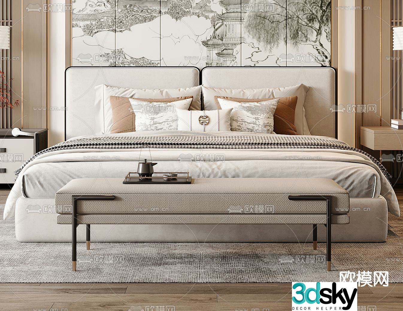 New Chinese style double bed 3d model
