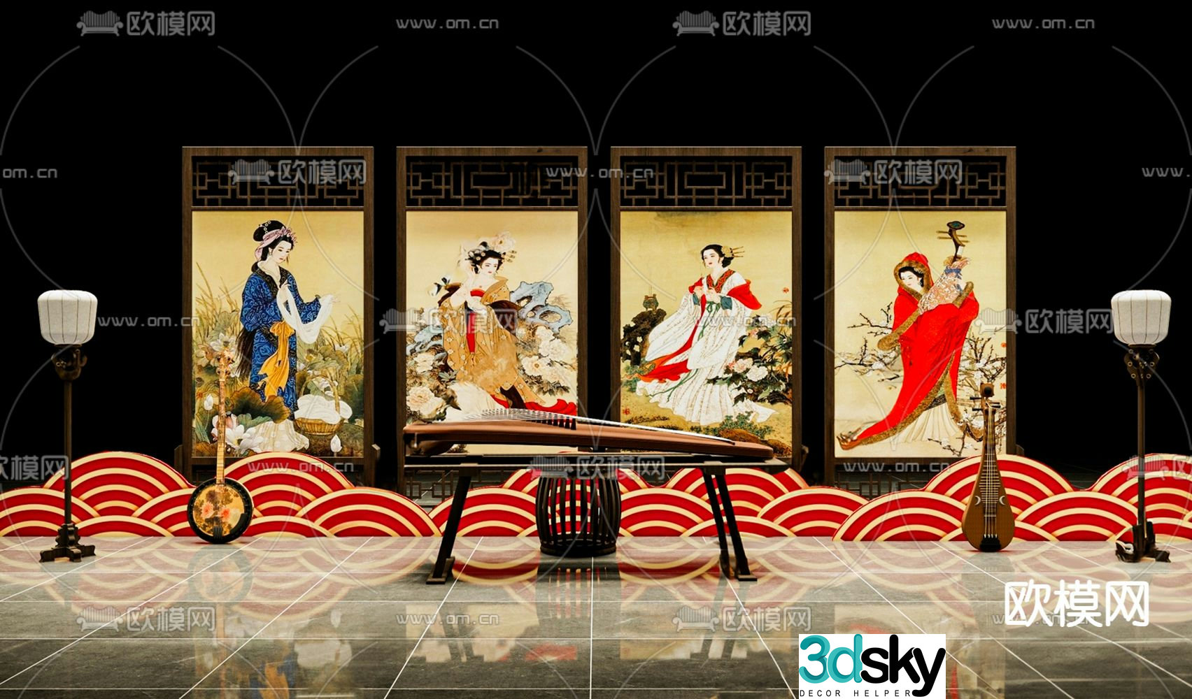 New Chinese style guzheng, ancient musical instrument, national trend beautiful 3D model
