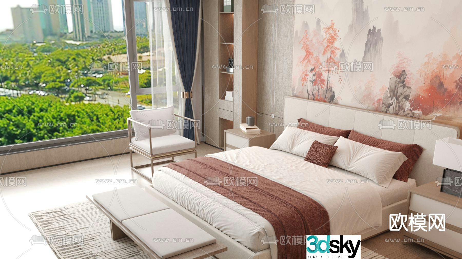 New Chinese style double bed 3d model