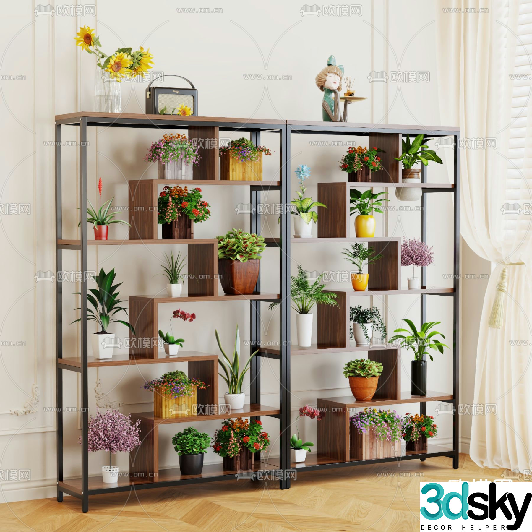 Multi-layer storage rack steel wood flower rack 3D model