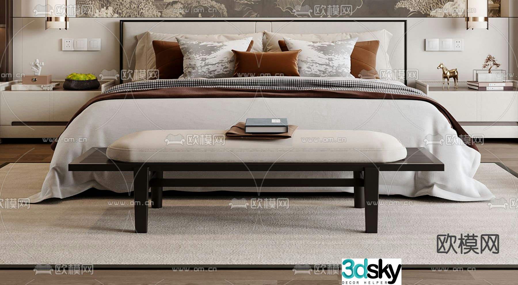 New Chinese style double bed 3d model