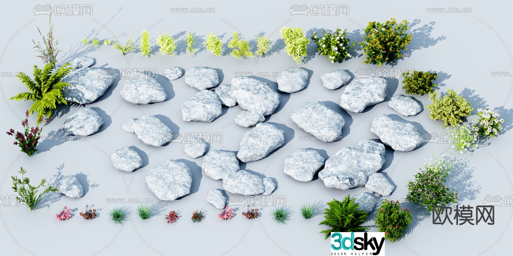 Stones stones green plants and flowers 3d model