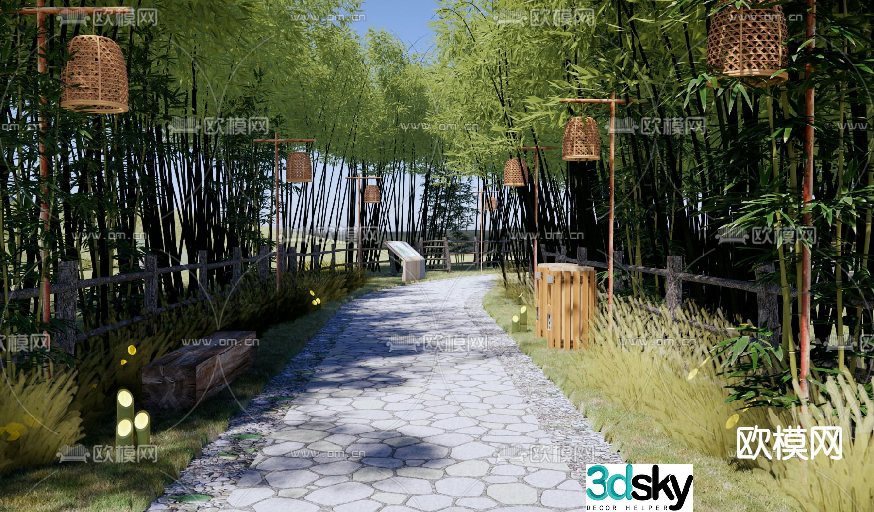 Bamboo Forest Park Landscape Bamboo Forest Path 3D Model