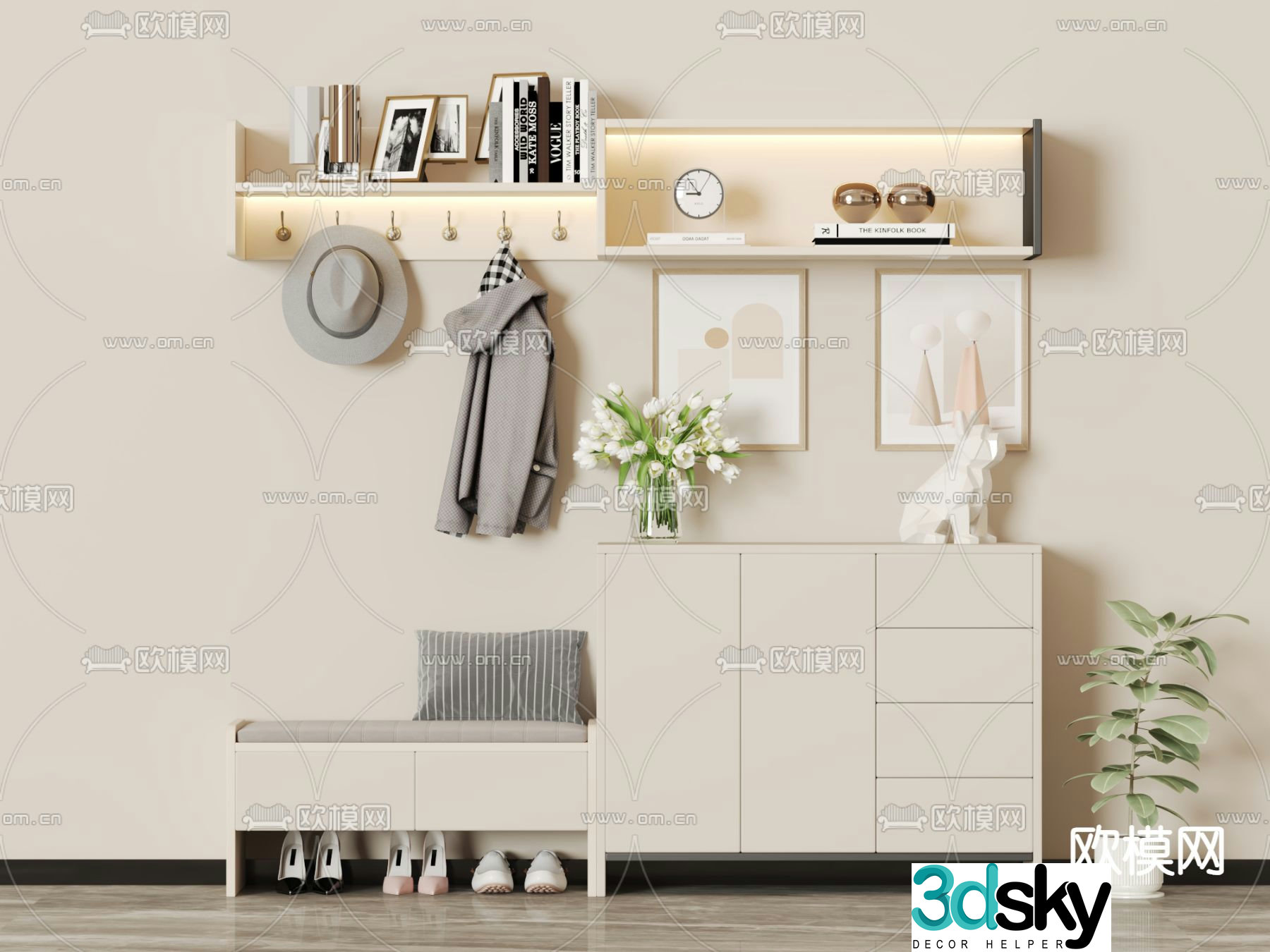 Cream style shoe cabinet 3d model