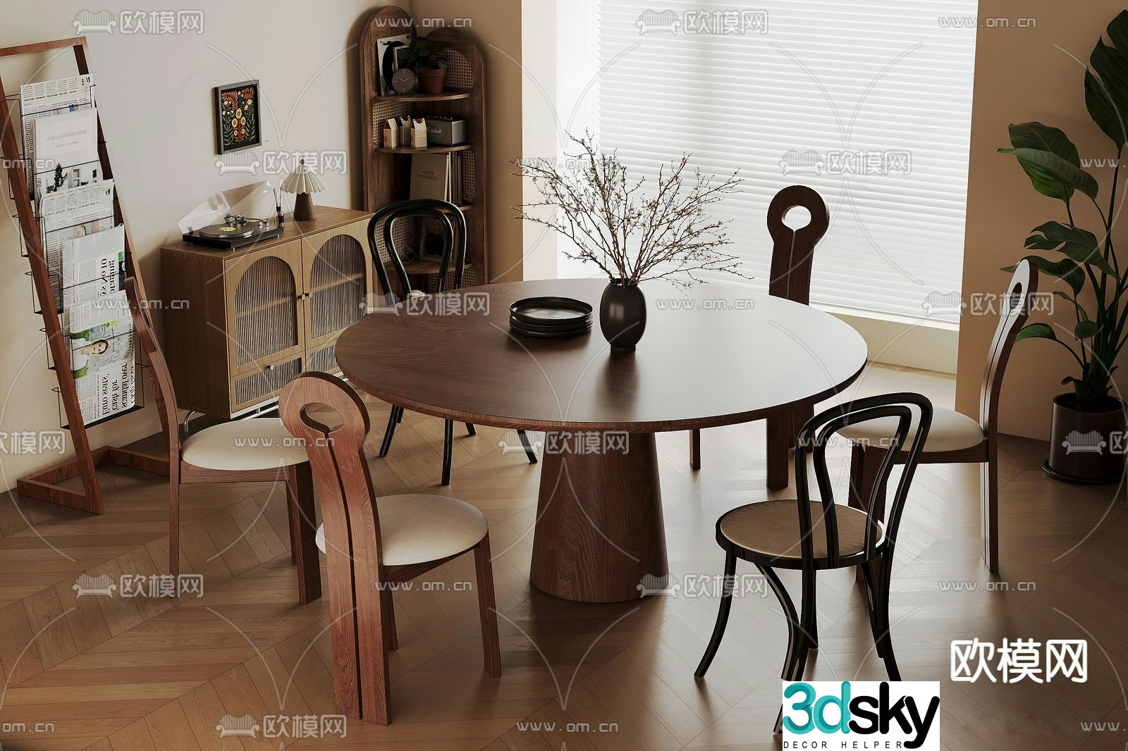 Medium style dining table and chairs round dining table 3D model