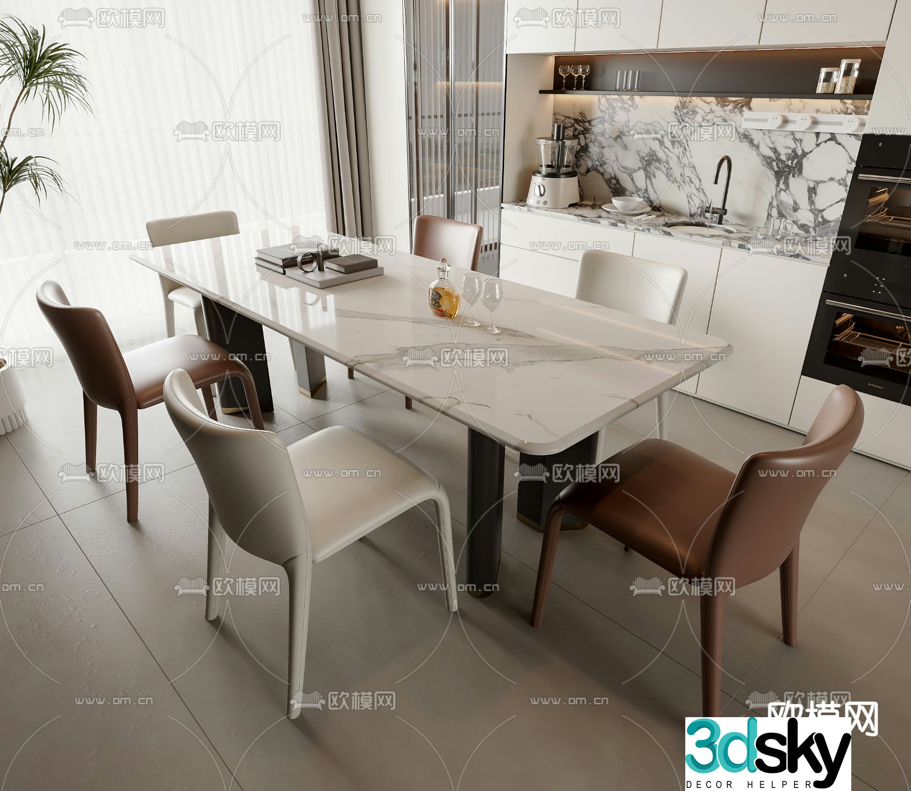 Modern dining table and chairs 3d model