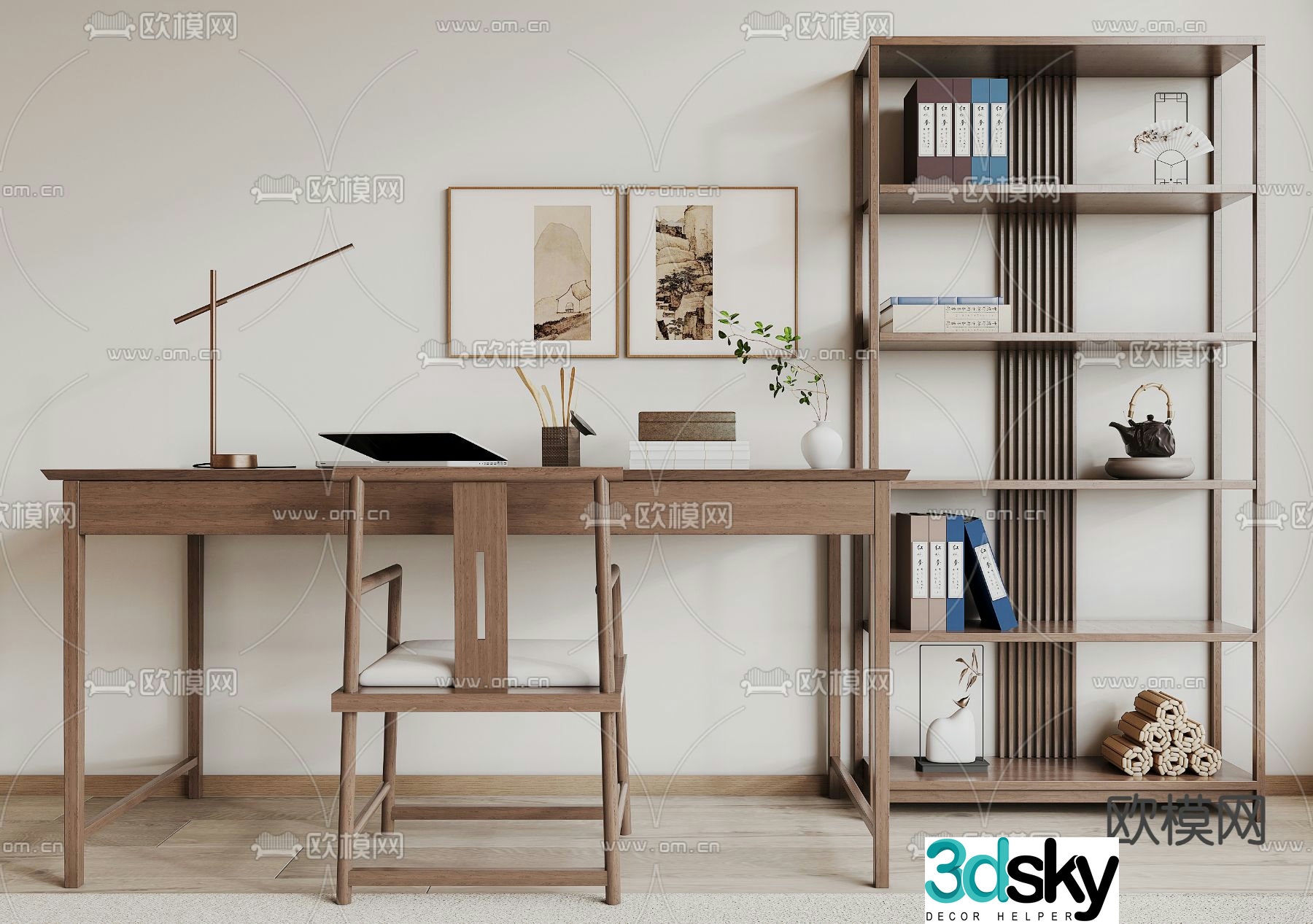 New Chinese style desk and chair 3d model