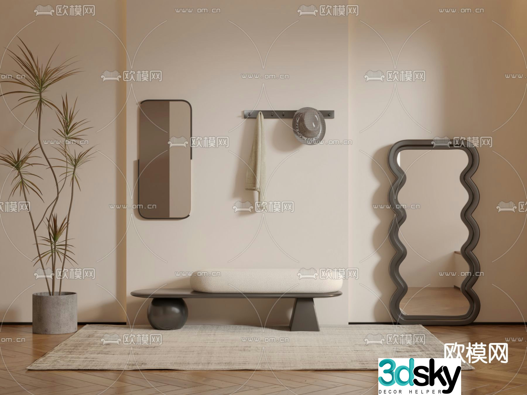 French shoe changing stool full-length mirror clothes hook 3D model