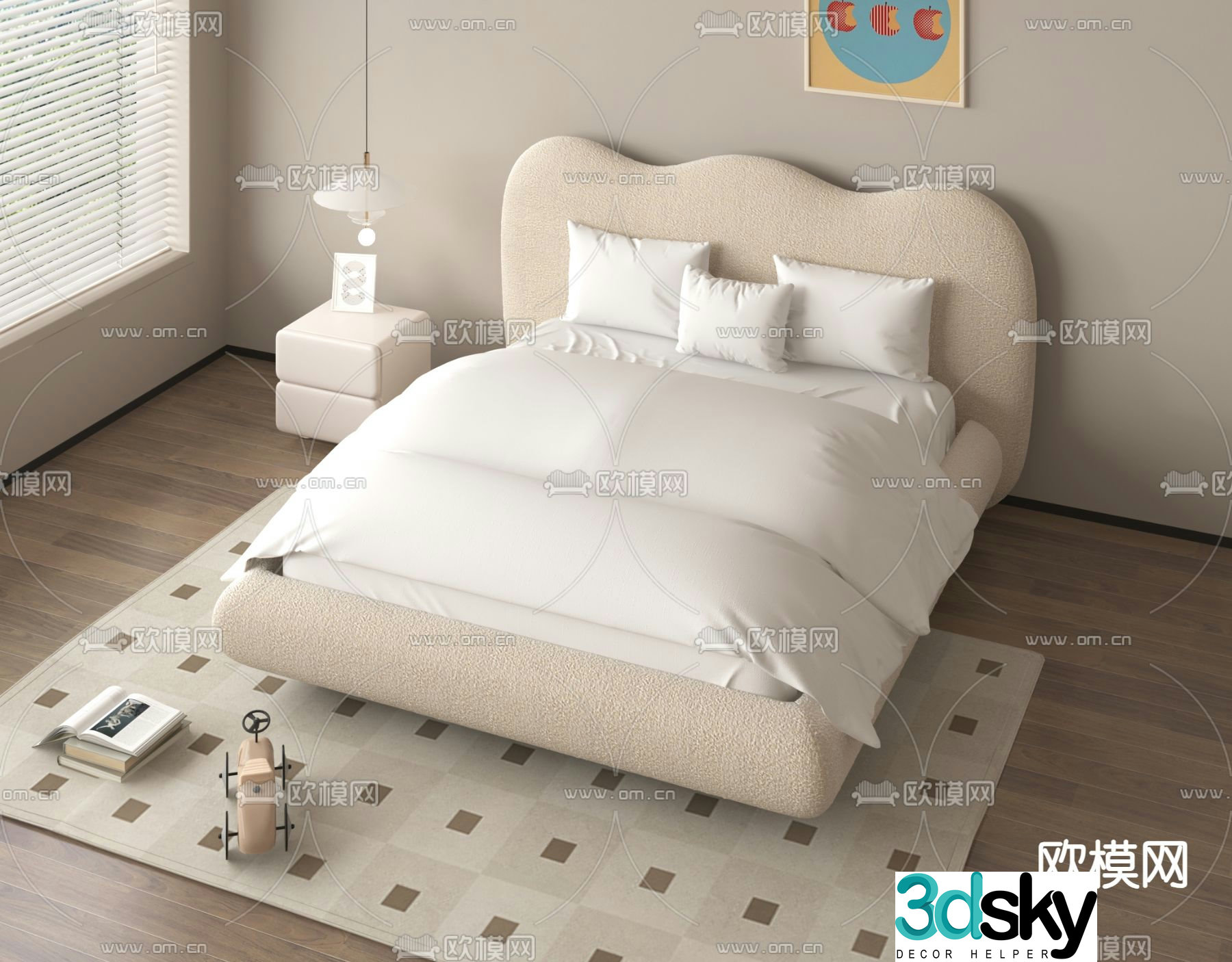 Cream style double bed 3d model