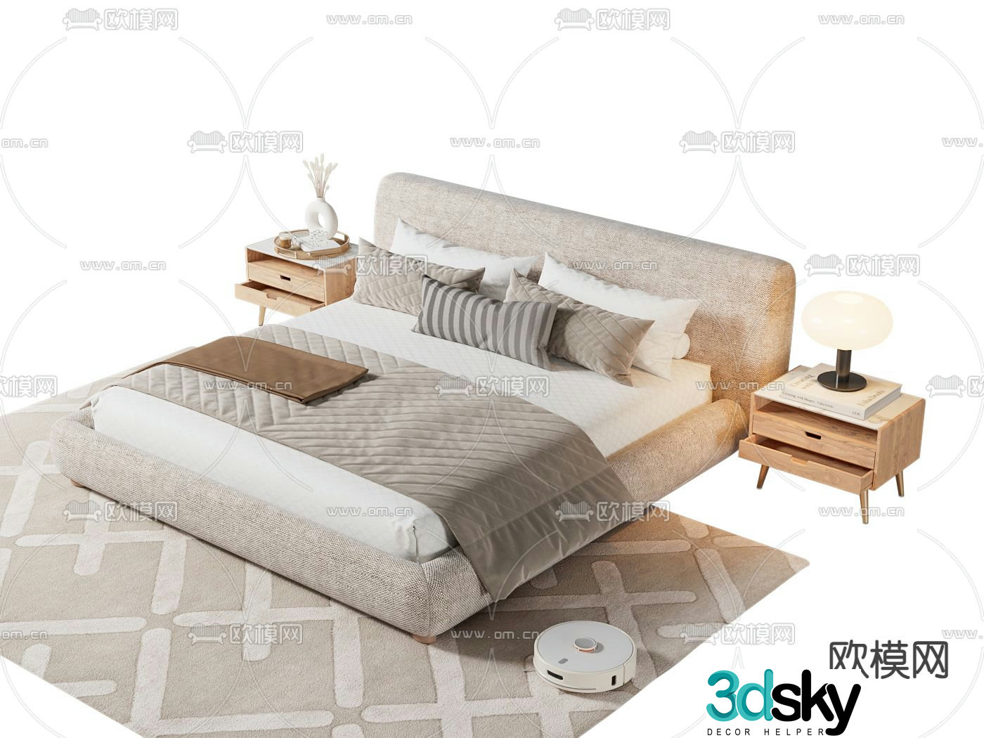 Cream style double bed 3d model