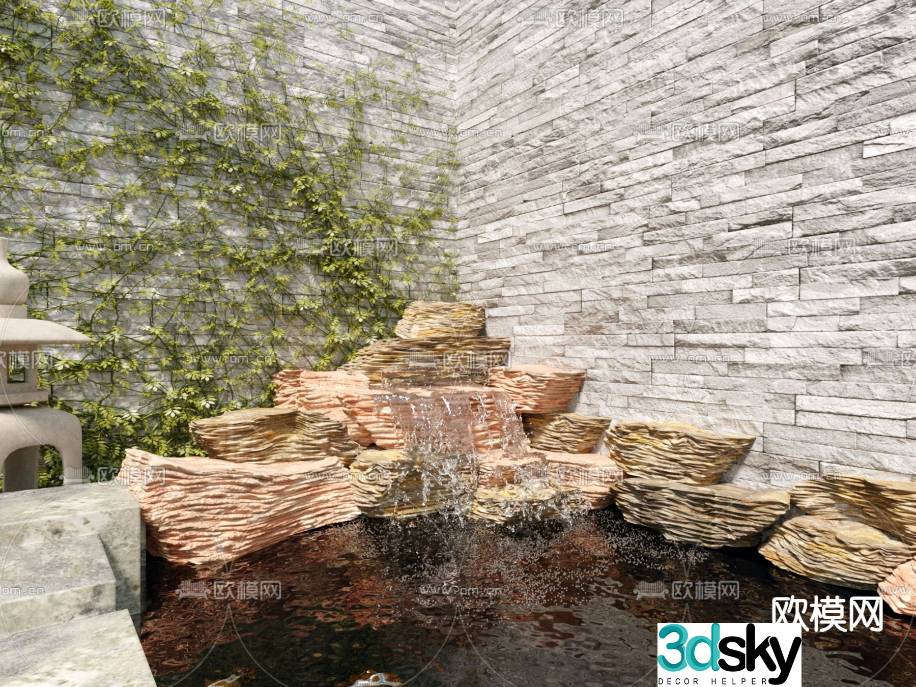 3D model of rockery and waterscape sketch