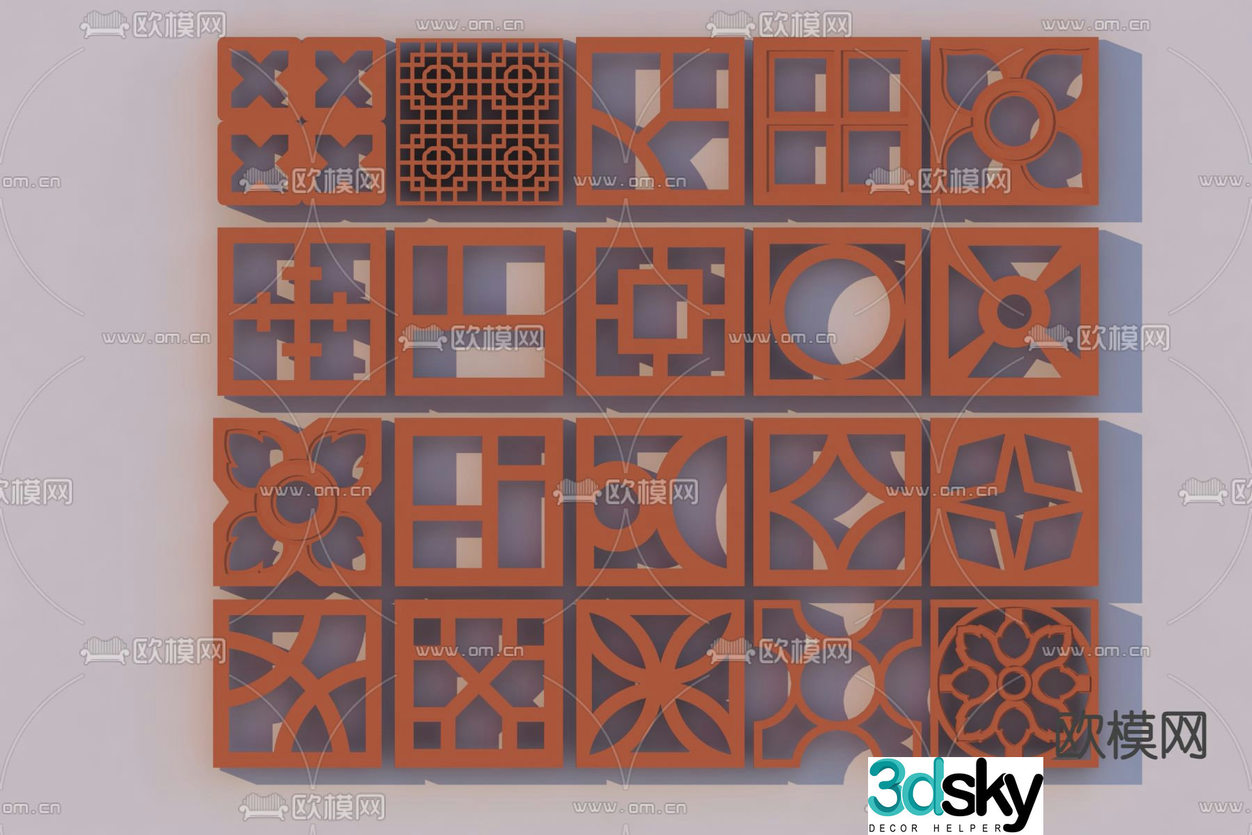 Hollow flower tiles red brick carved partition 3D model