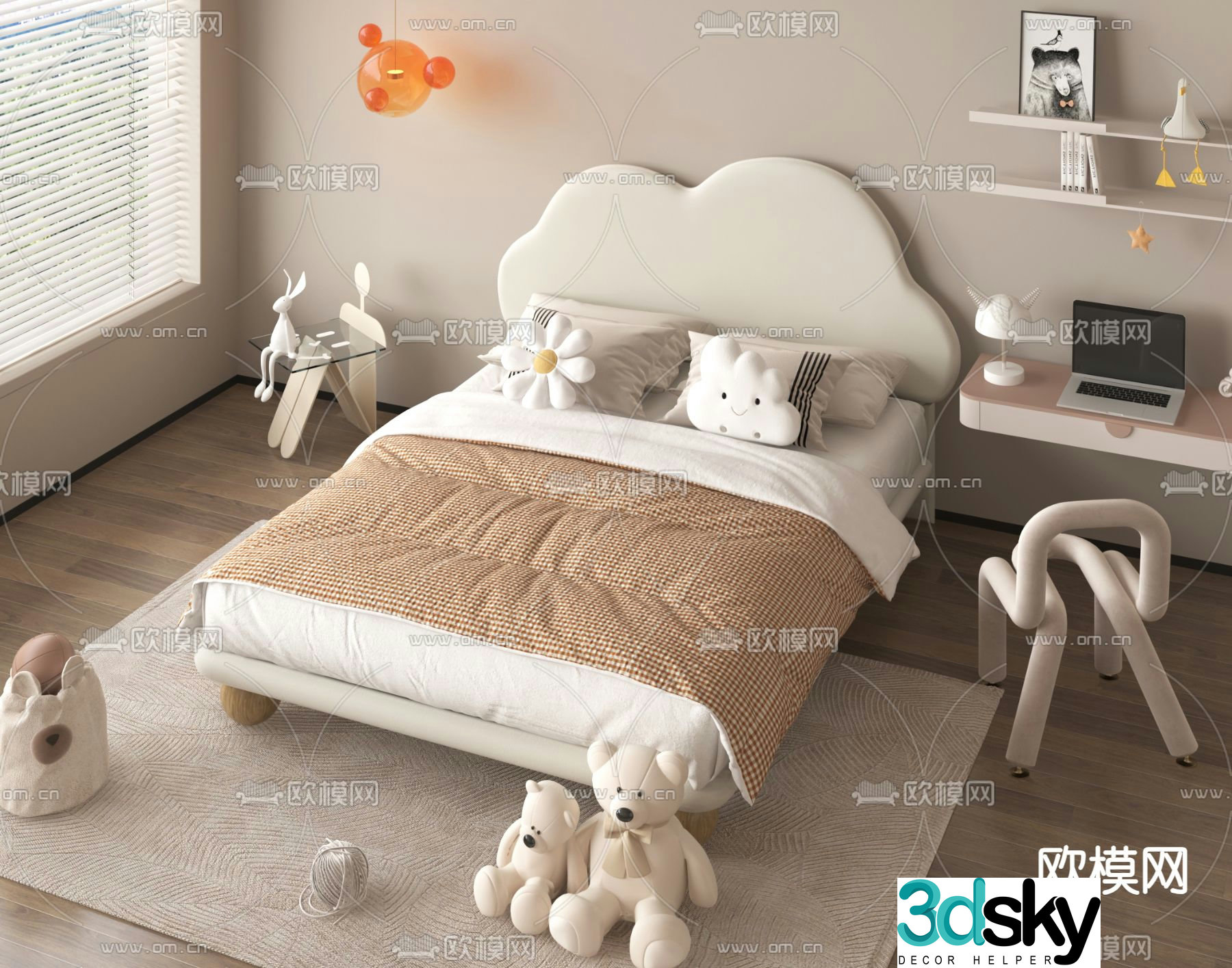 Cream style children’s bed cloud bed double bed 3d model