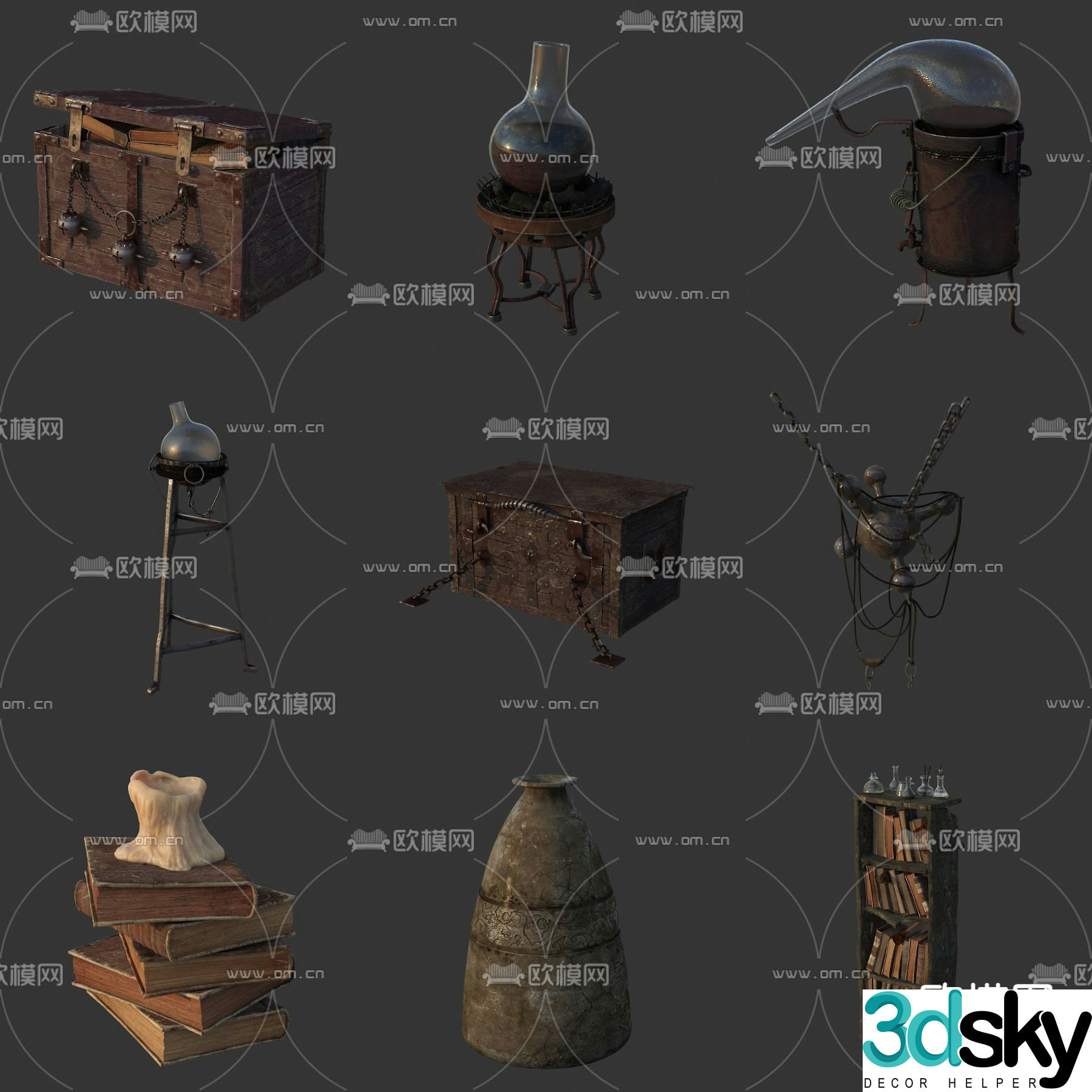Game scene objects antique old wooden box 3d model