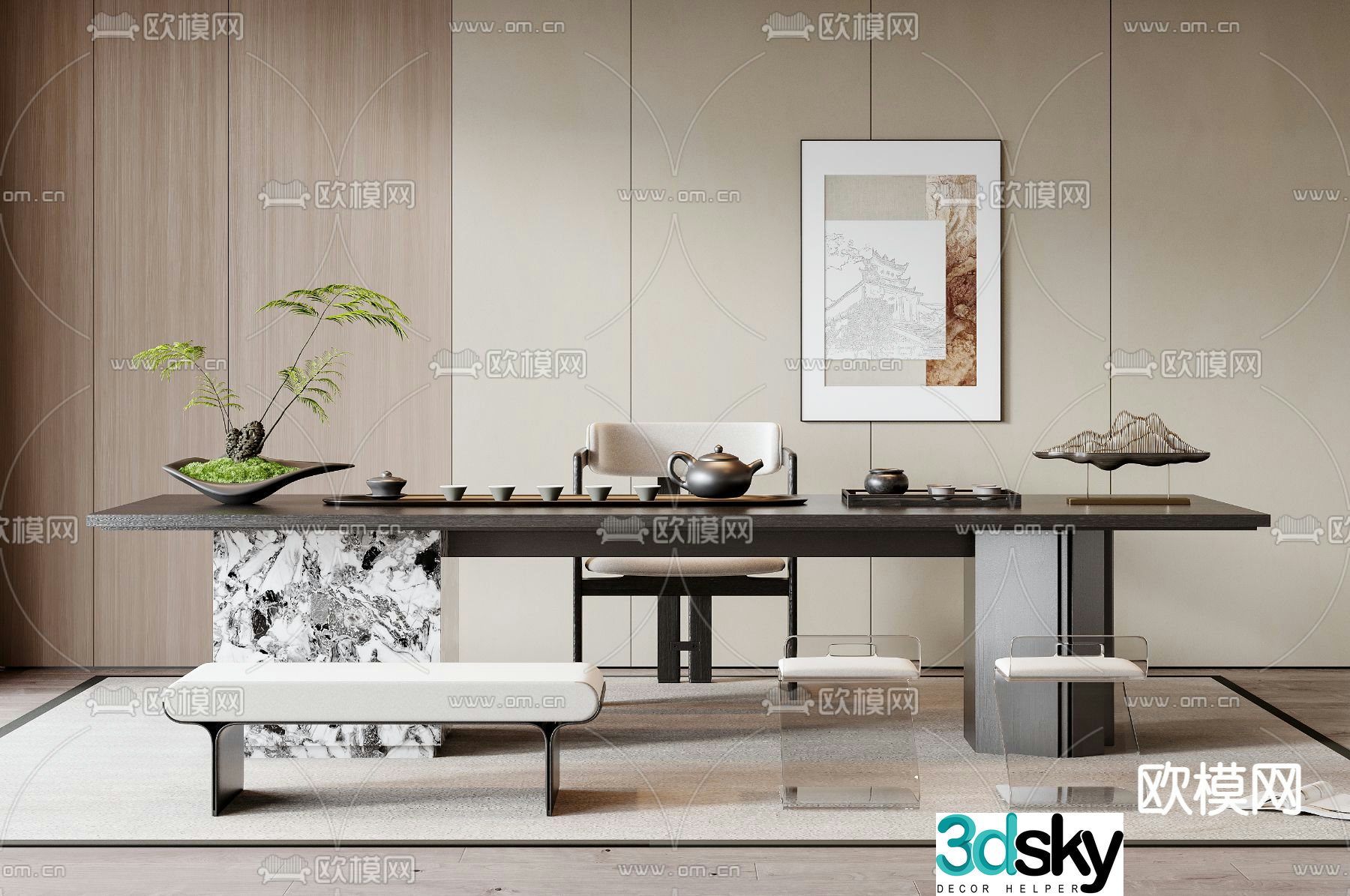 Modern tea table and chairs 3d model