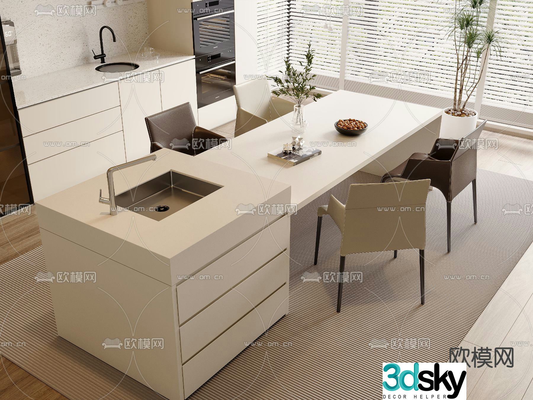 Island dining table and chairs 3d model