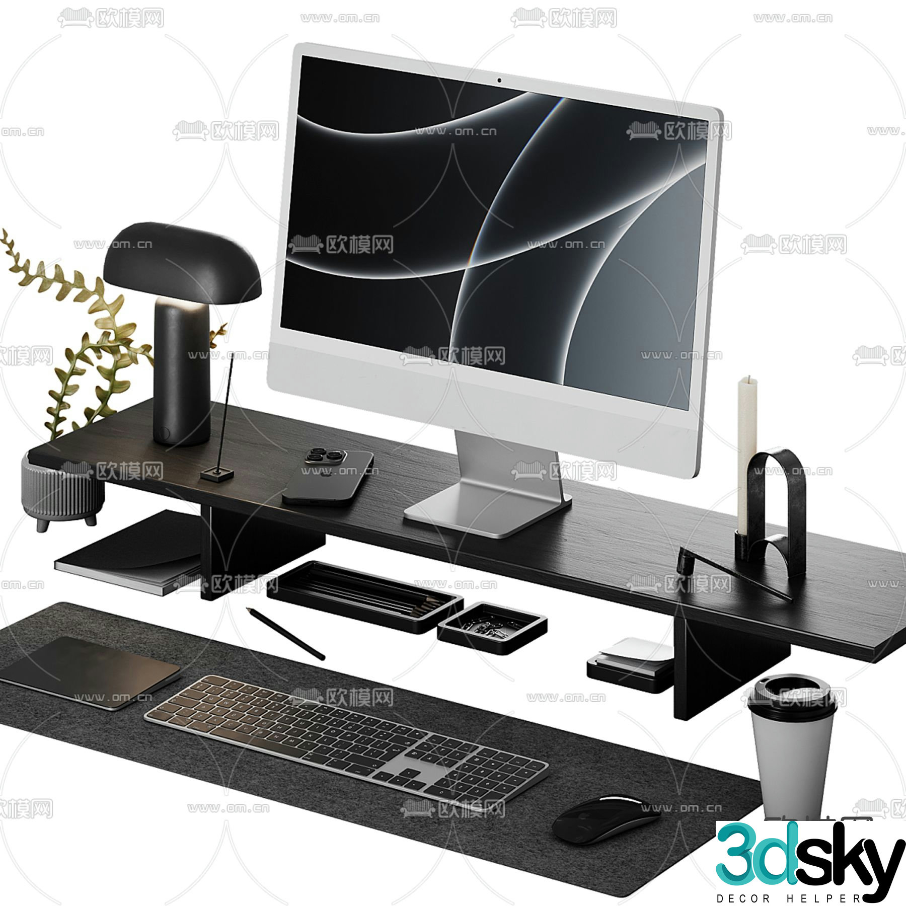 Office supplies desktop accessories computer mobile phone keyboard 3d model
