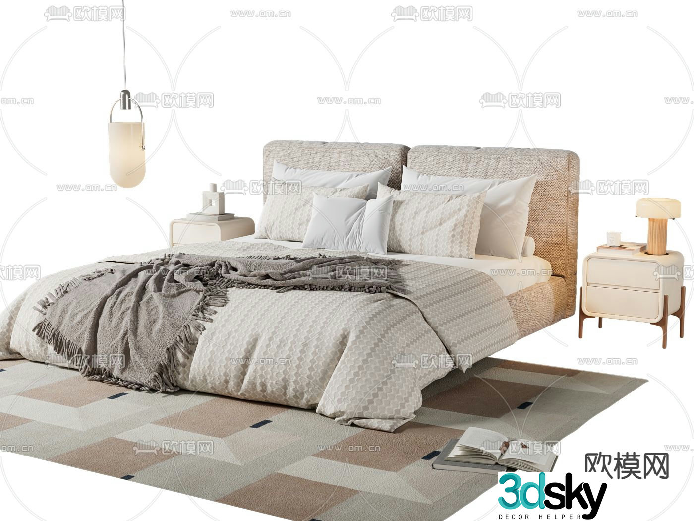 Cream style double bed 3d model