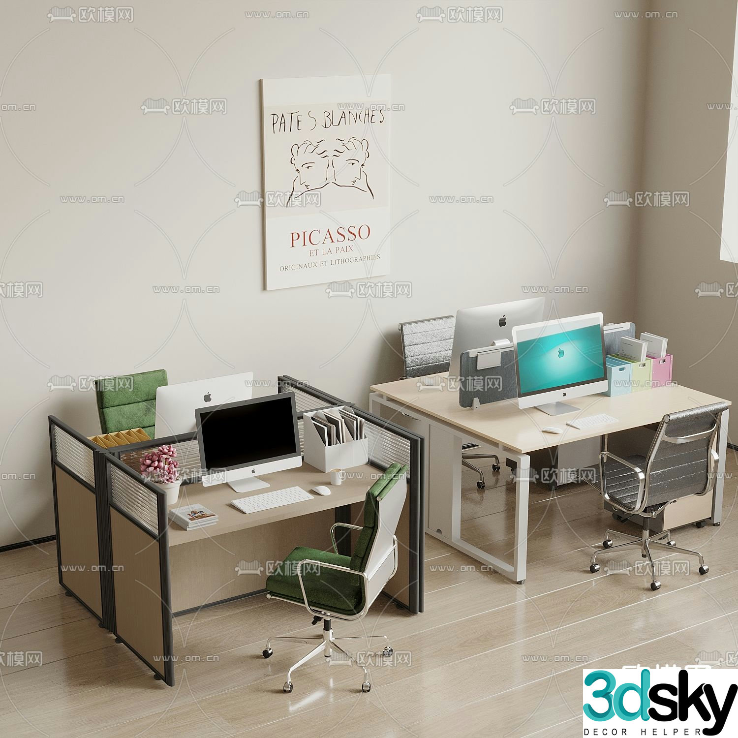 Modern office desk and chair employee desk 3d model