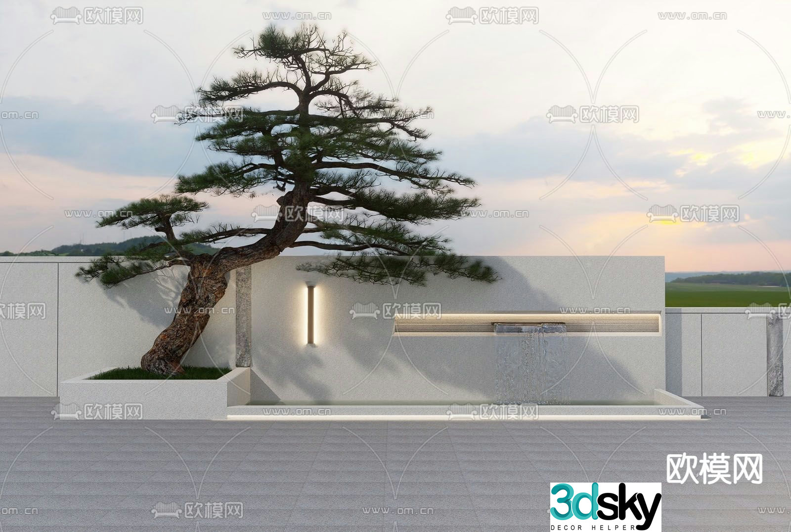 Modern flowing water feature wall pine tree 3D model