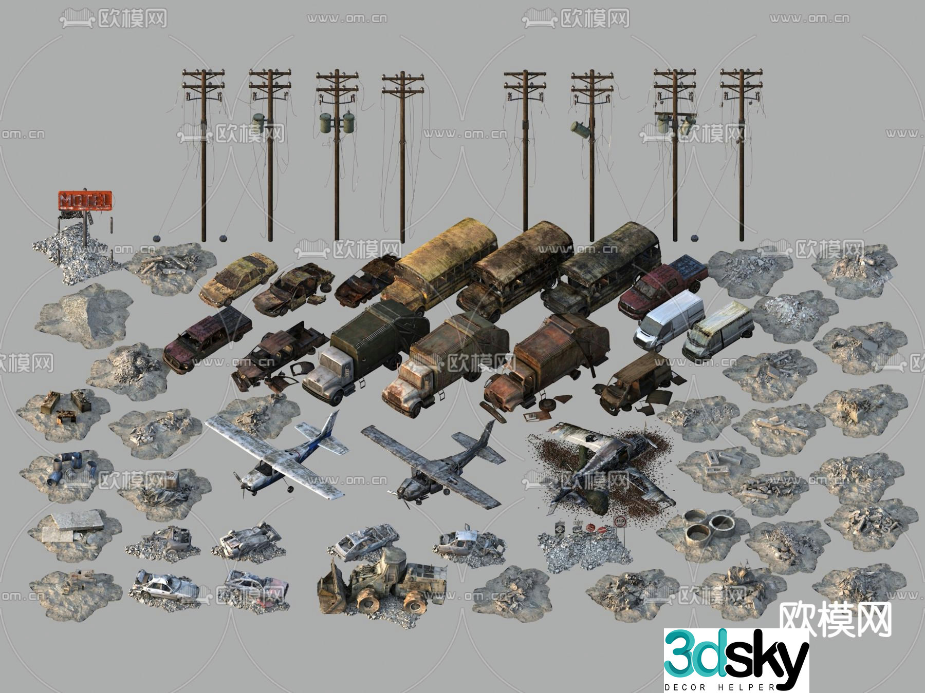 Car wreckage ruins 3d model