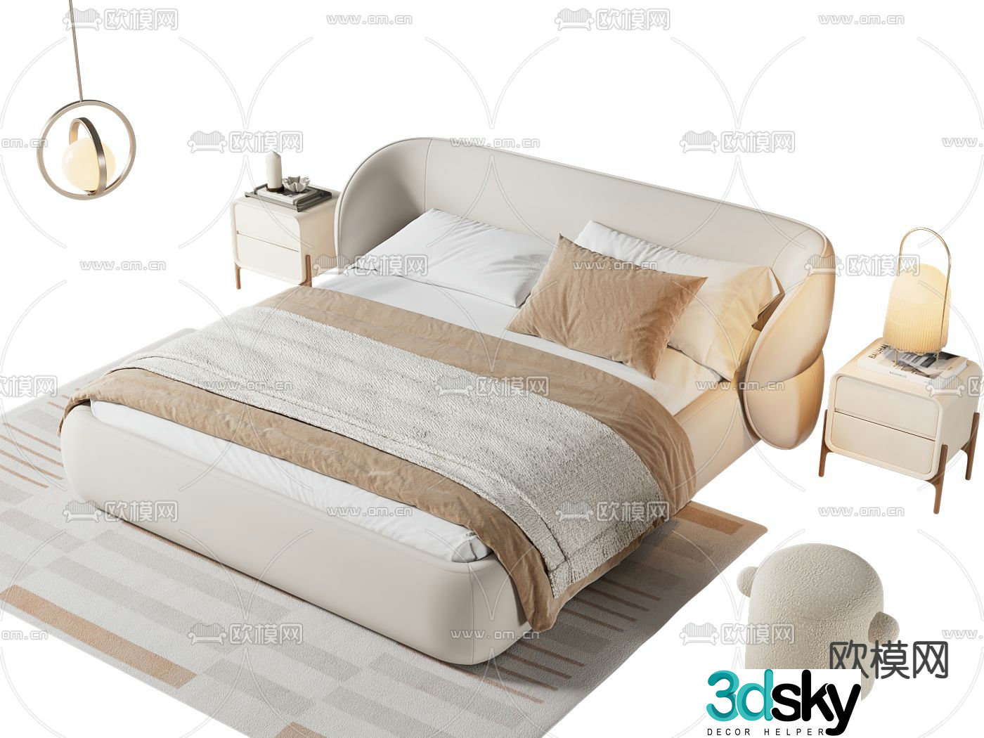Cream style double bed 3d model