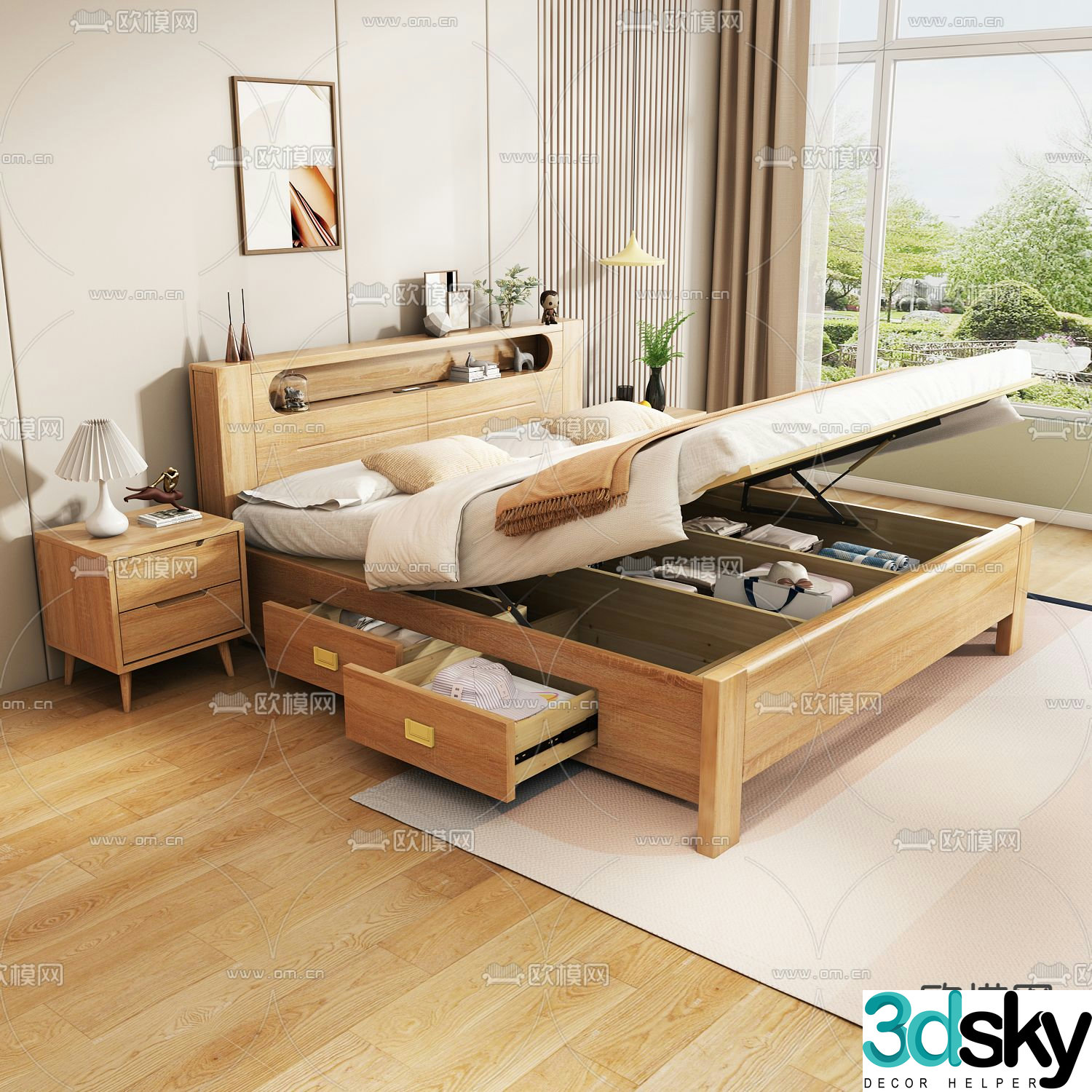 Nordic bed solid wood bed 3d model