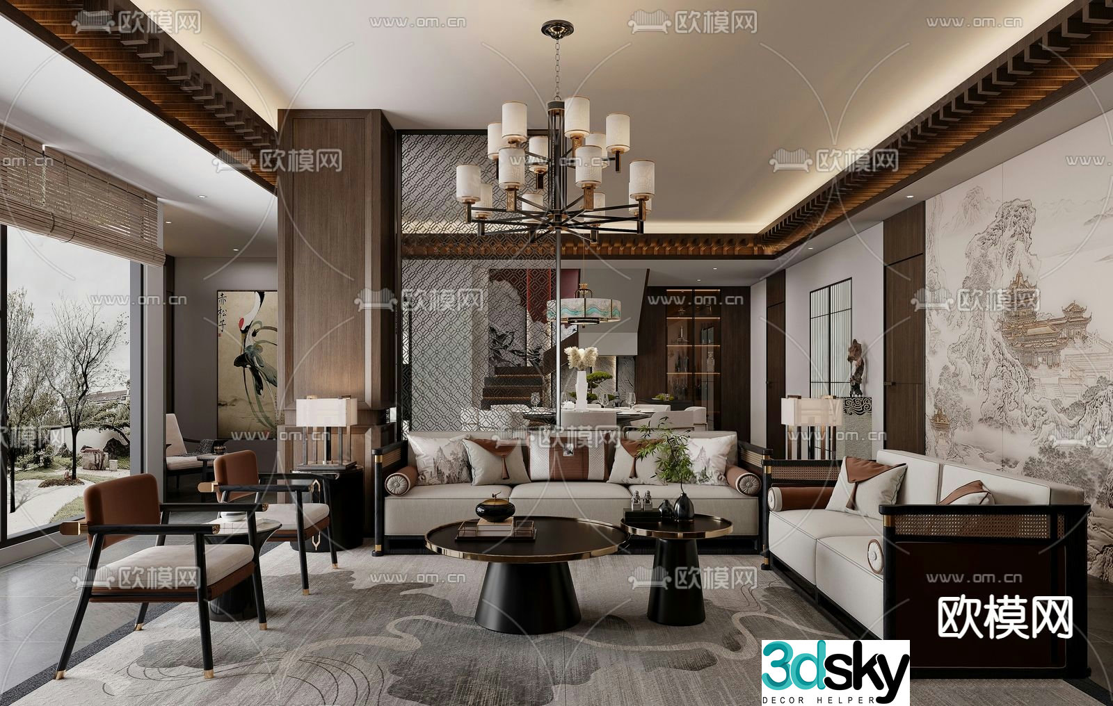 New Chinese style living and dining room 3D model